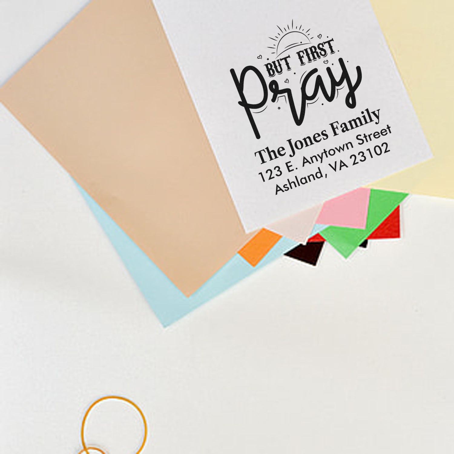 Custom But First, Pray return address rubber stamp with family name and address for envelopes and mail