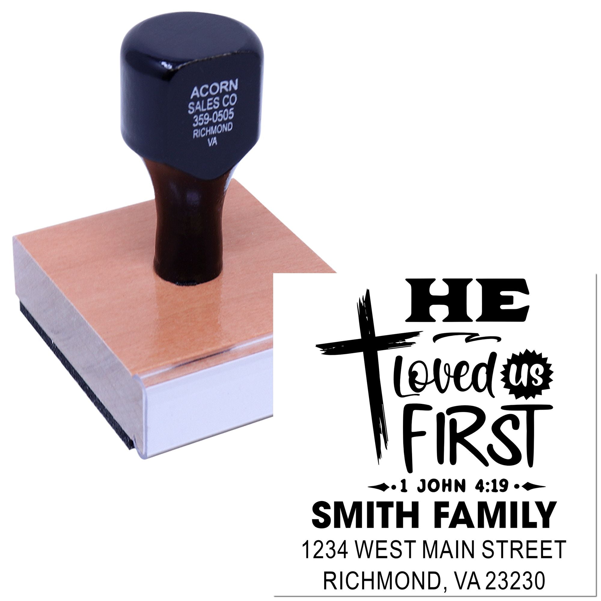Custom rubber stamp for Christian family address labels, featuring He Loved Us First design and Smith family return address.