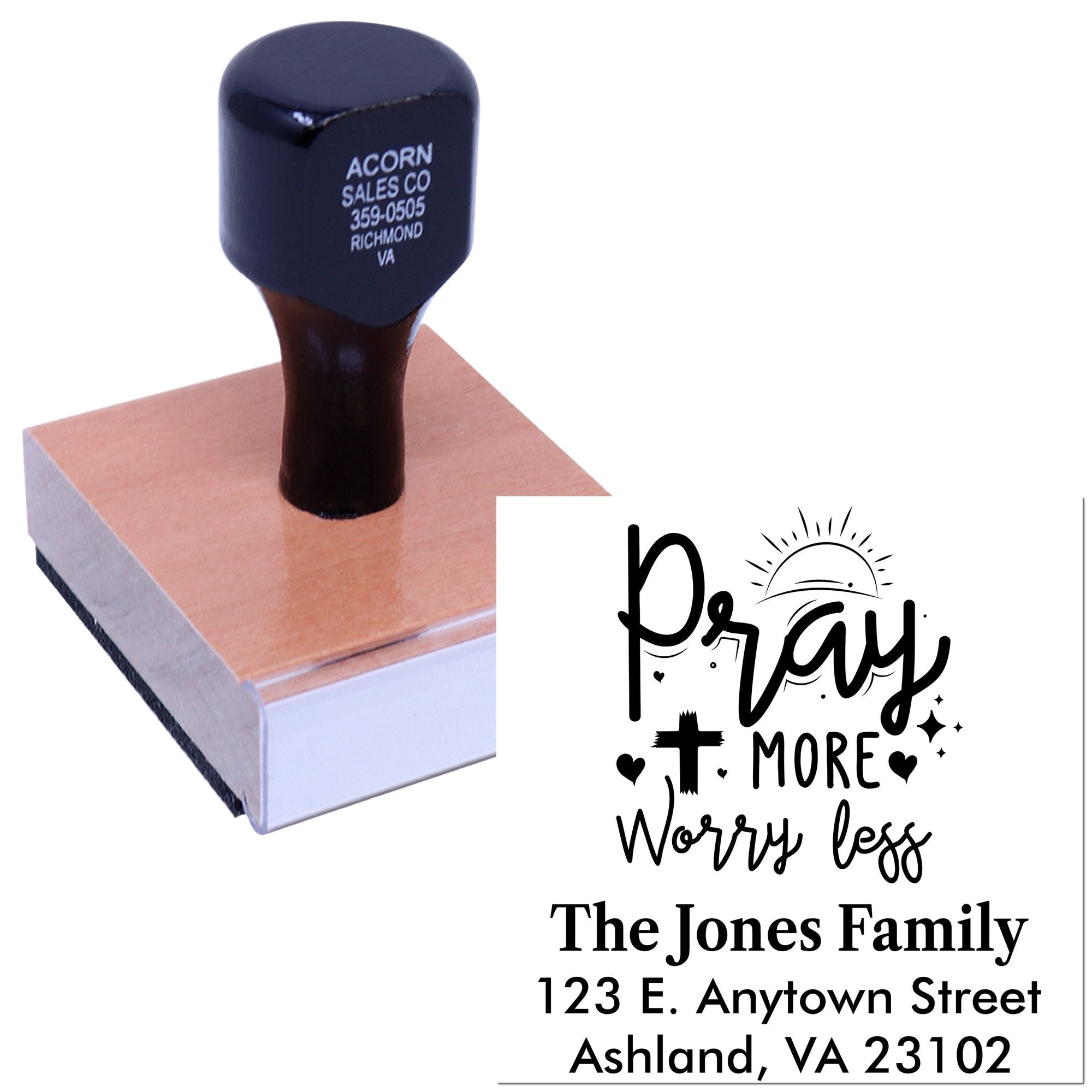 Personalized rubber stamp with Pray more worry less, family name, and address for custom mailing and craft use.