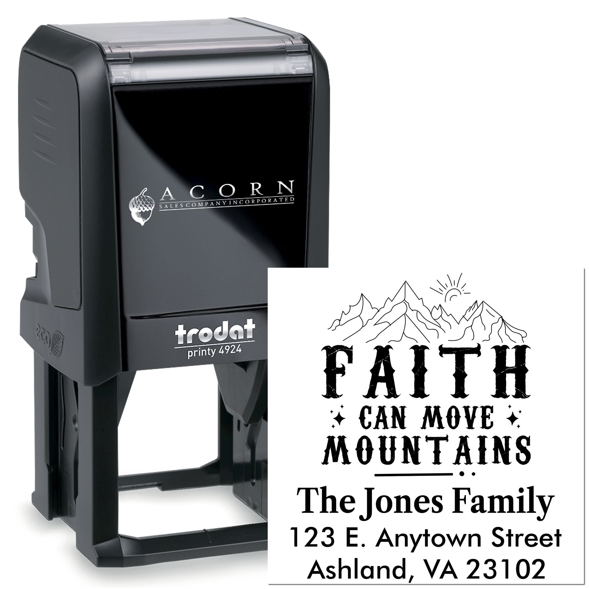 Custom self-inking rubber stamp with Faith Can Move Mountains design and personalized family address, Trodat Printy 4924.
