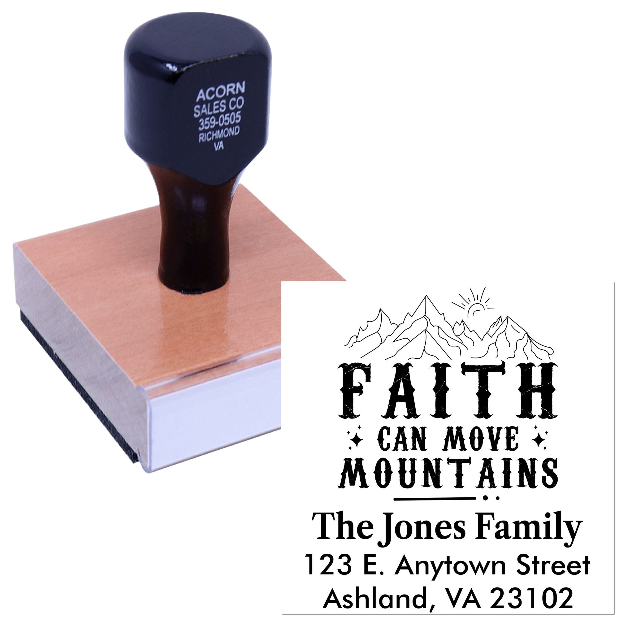 Custom address rubber stamp with Faith Can Move Mountains design for personalized family stationery and gifts.
