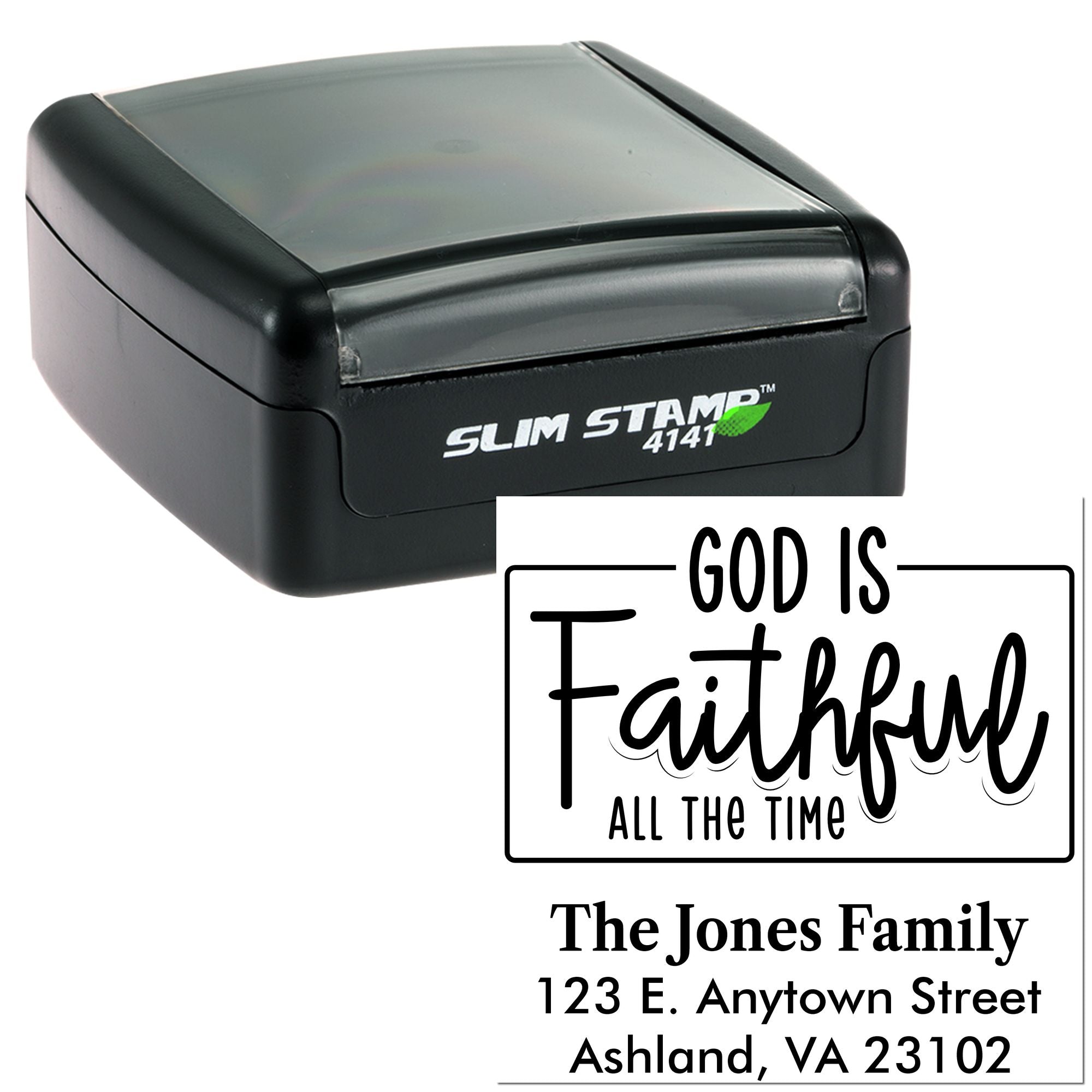 Custom self-inking rubber stamp with faith message and return address, designed for personalized address stamping.