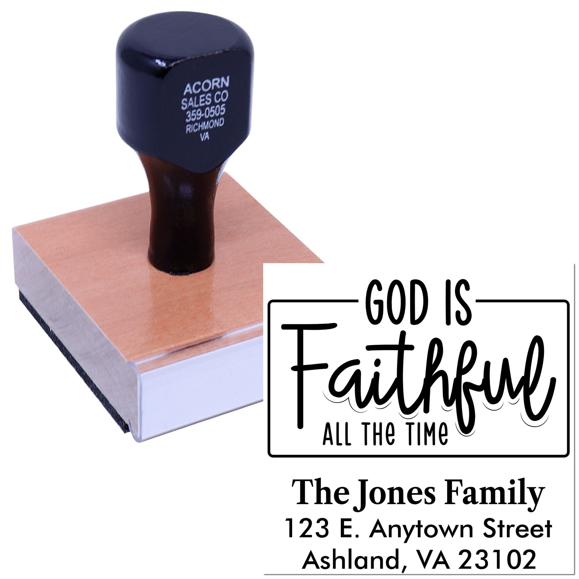 Custom faith-based rubber stamp with God Is Faithful All the Time design and return address imprint for personalized mailing.