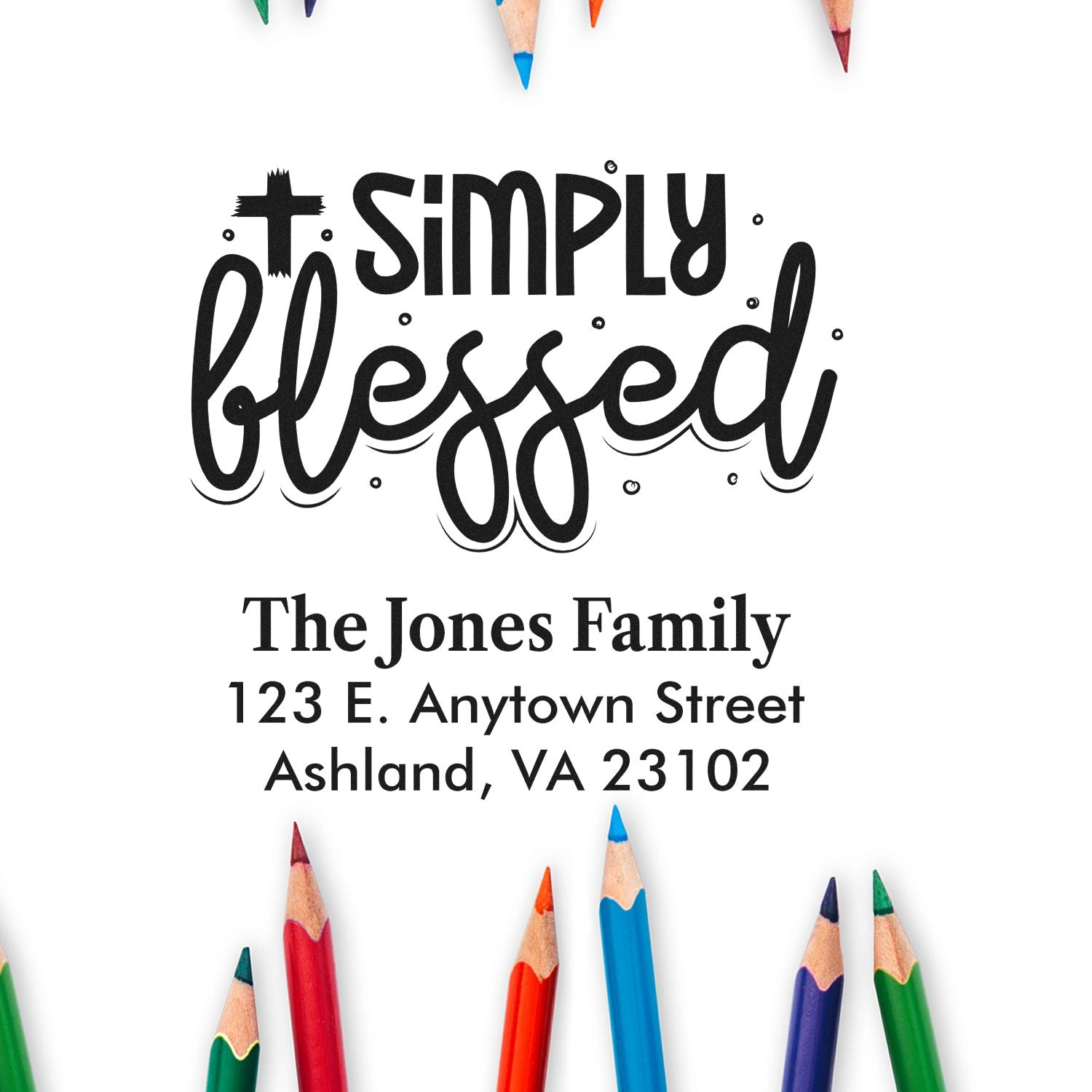 Personalized Simply Blessed family address rubber stamp with name and mailing address for custom envelopes.
