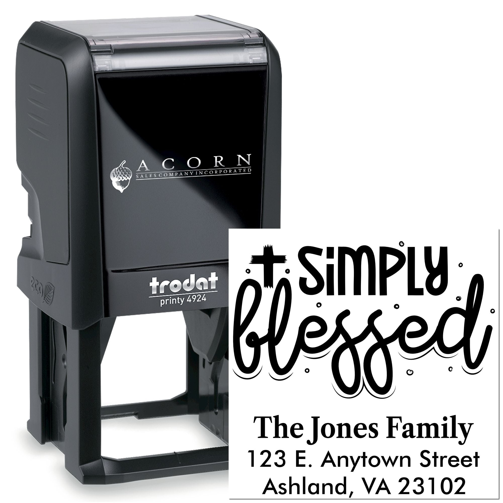 Trodat Printy 4924 custom self-inking rubber stamp with Simply Blessed family address design.