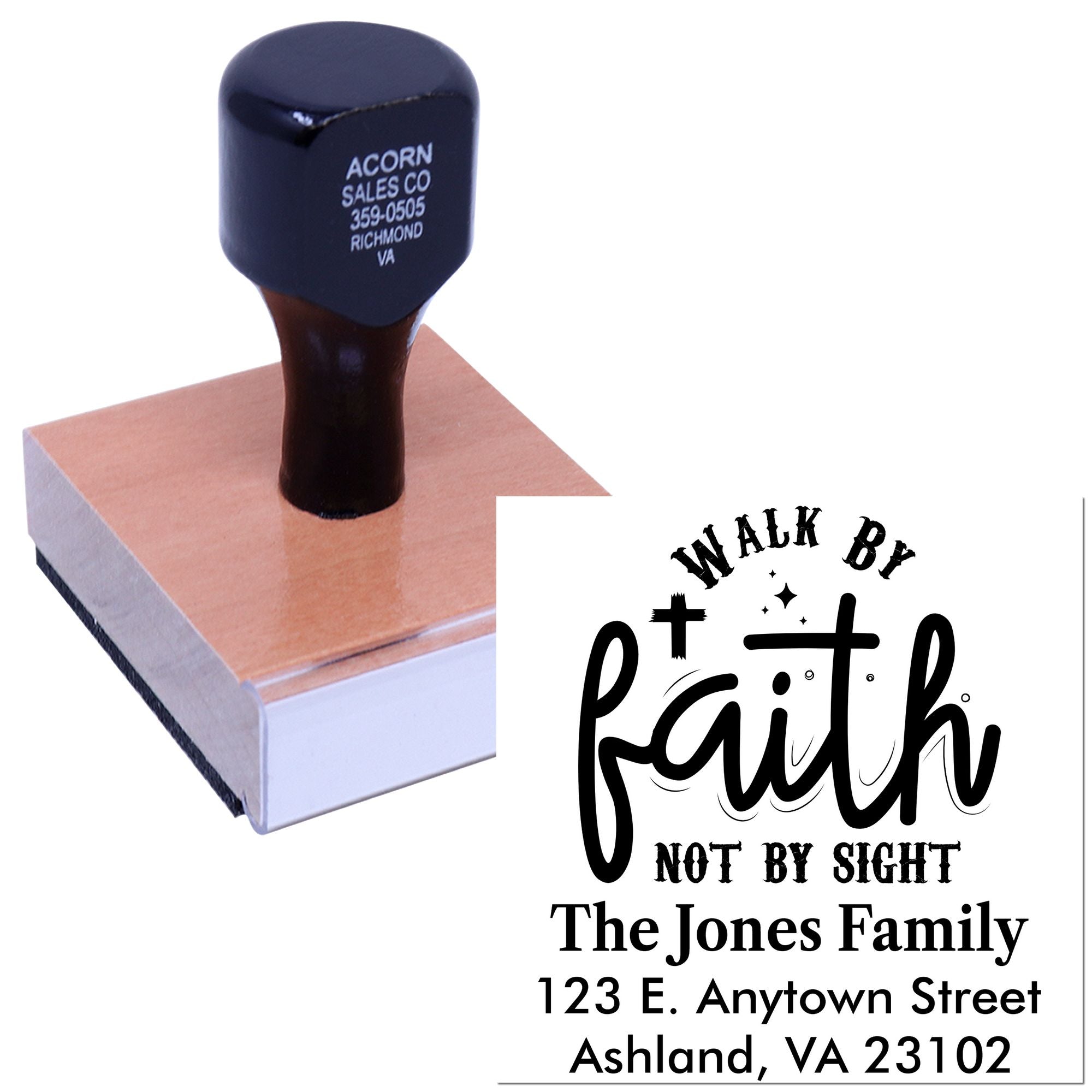 Custom faith rubber stamp with family return address for personalized envelopes, gifts, and church mailings.