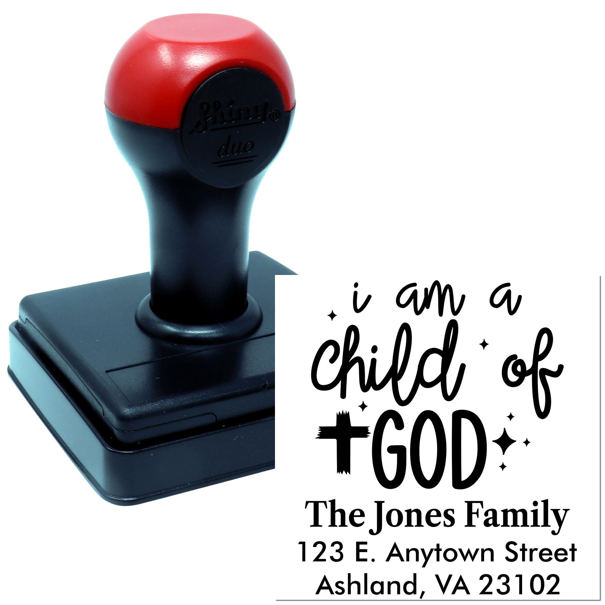 Custom self-inking rubber stamp with Christian I am a child of God and family return address imprint.