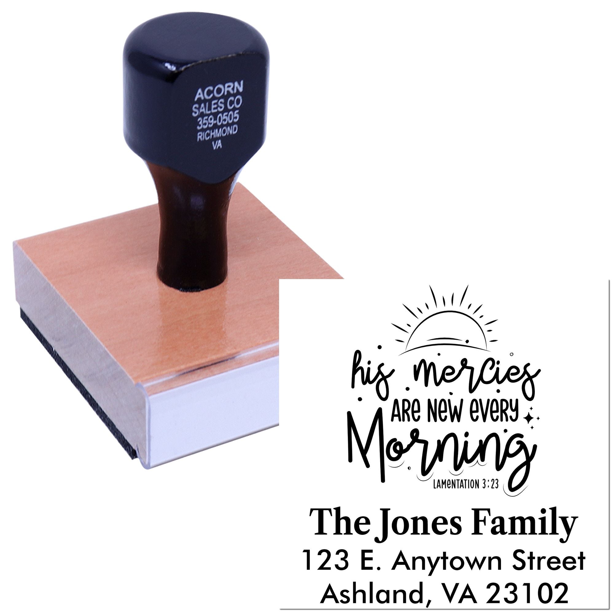 Custom family address rubber stamp with Bible verse, perfect for personalized faith-based stationery and return mail.