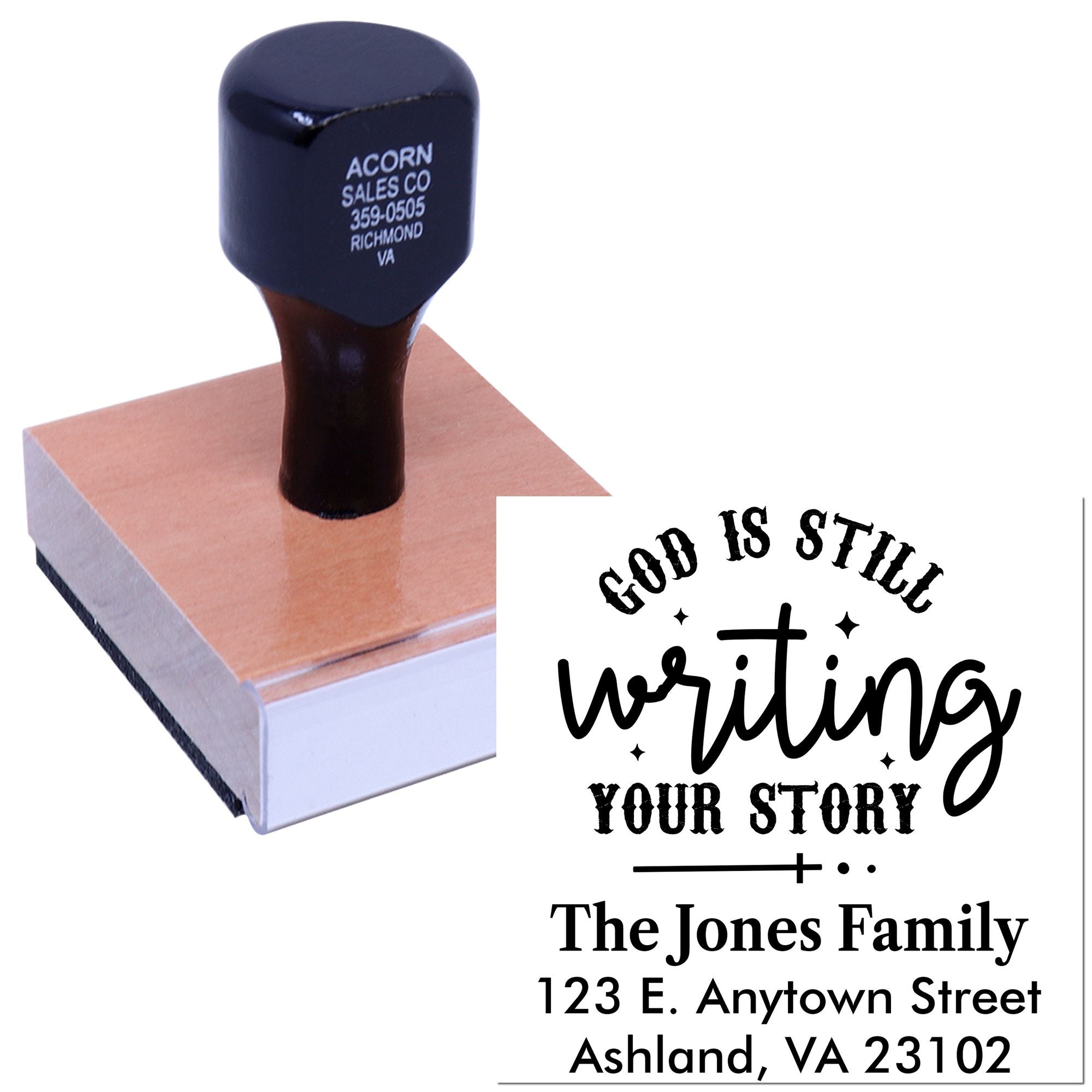 Custom rubber stamp with inspirational quote God is still writing your story and family address for personalized mail.