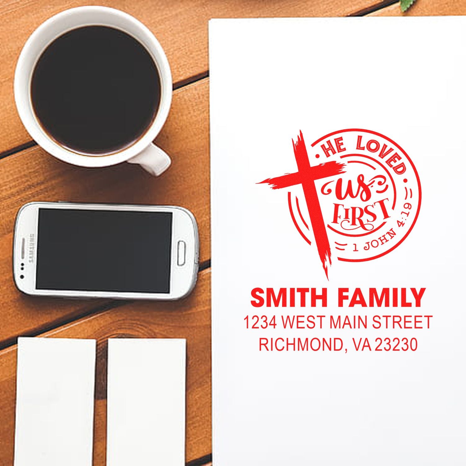 Custom Christian return address rubber stamp for Smith Family stationery, featuring cross design and Bible verse inspiration.