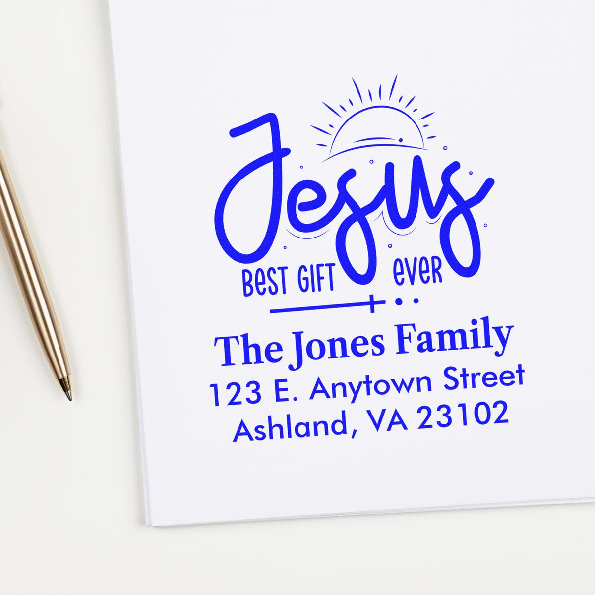 Custom Christian return address rubber stamp with Jesus Best Gift Ever design for The Jones Family, Ashland, VA.