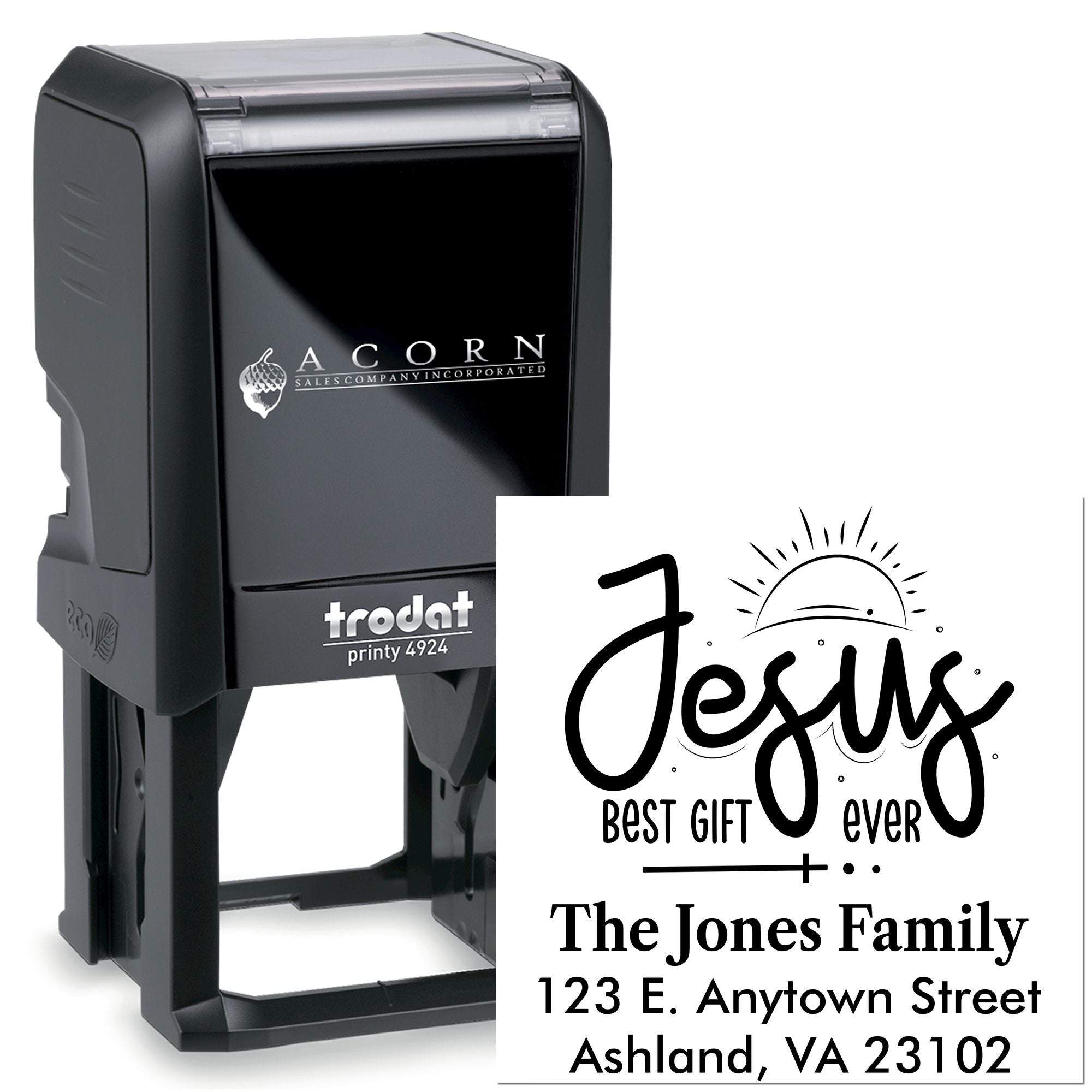 Custom self-inking rubber stamp with Jesus best gift ever return address design for The Jones Family, Trodat Printy 4924