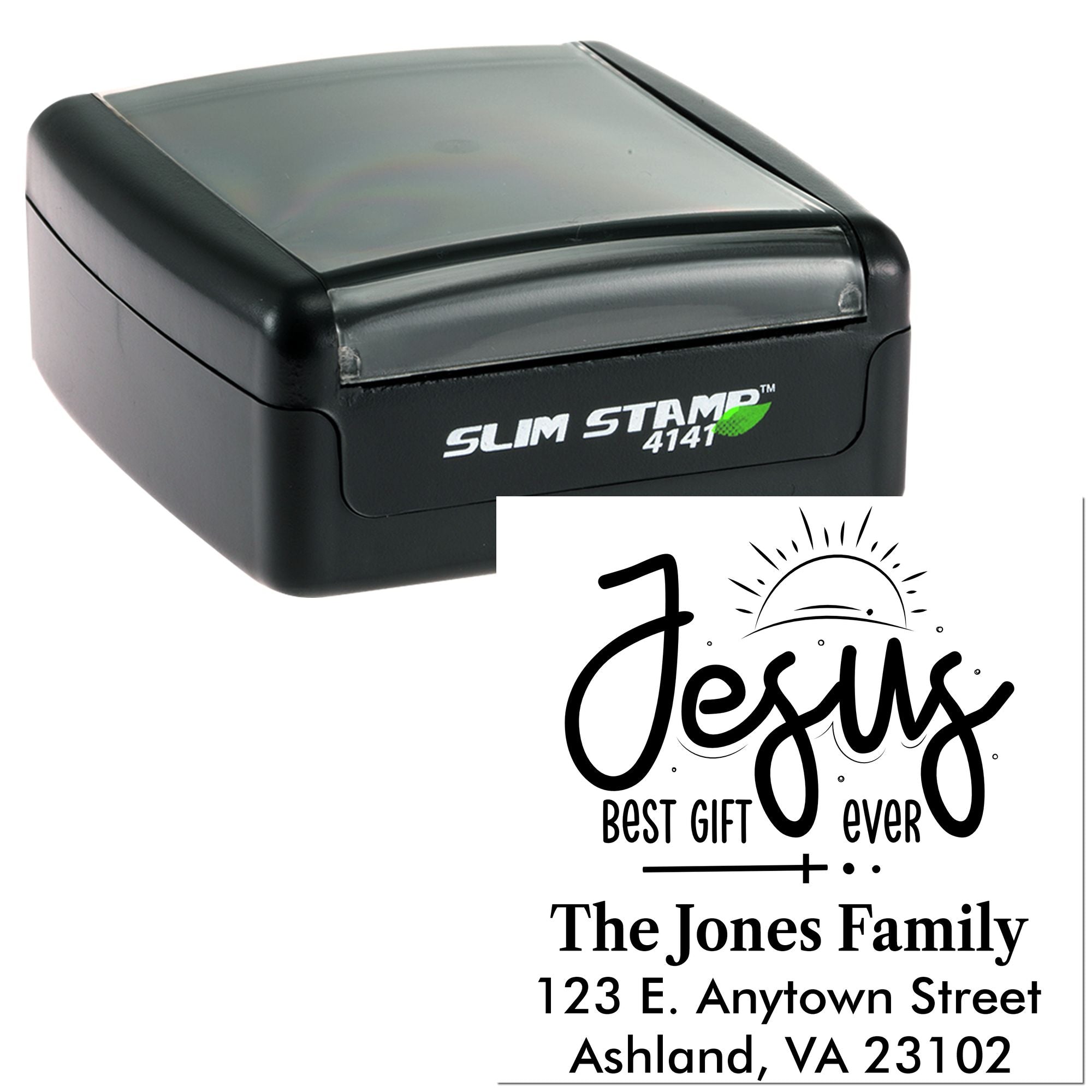 Custom self-inking rubber stamp with Jesus Best Gift Ever return address design for The Jones Family.
