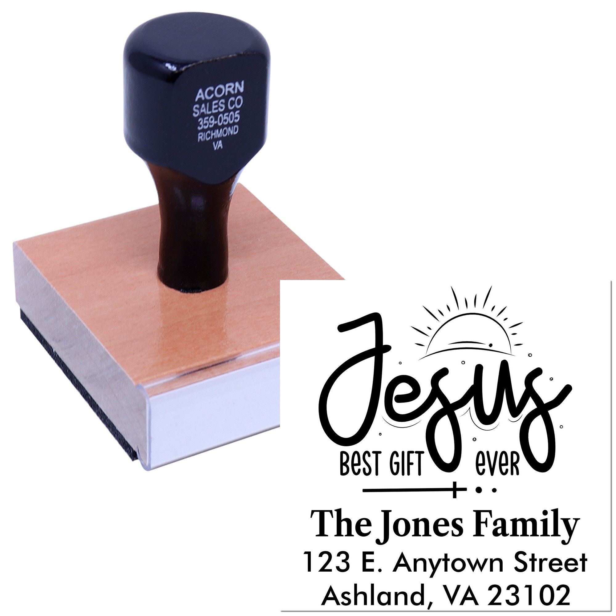 Personalized rubber stamp with custom family return address and Jesus Best Gift Ever religious design.