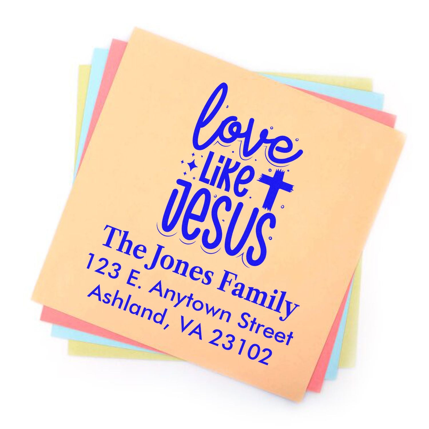 Christian Love Like Jesus return address rubber stamp with family name and address for envelopes, church mail, and gifts.