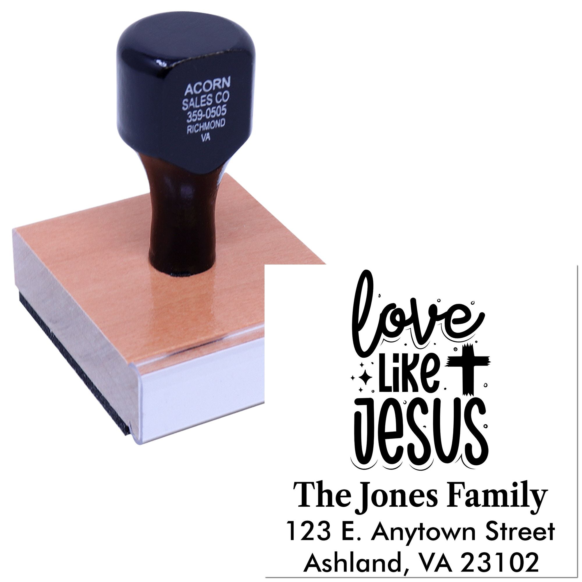 Custom rubber stamp with Love Like Jesus design and family address for Christian stationery and personalized mailings.