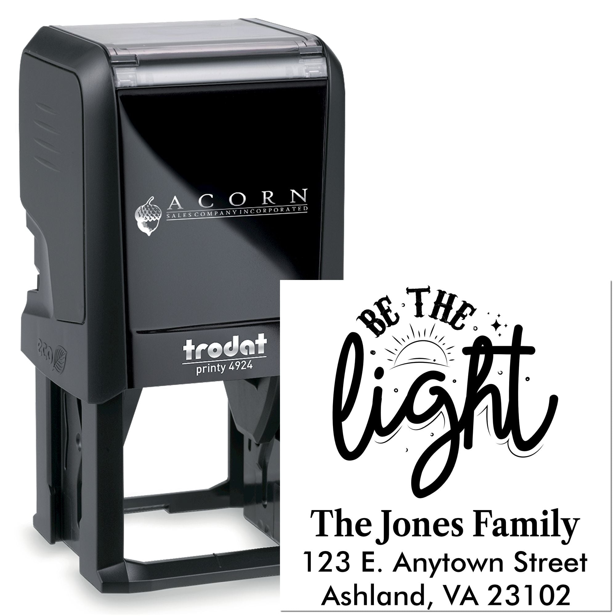 Trodat Printy 4924 custom self-inking rubber stamp with Be The Light and family address for personalized mailing.
