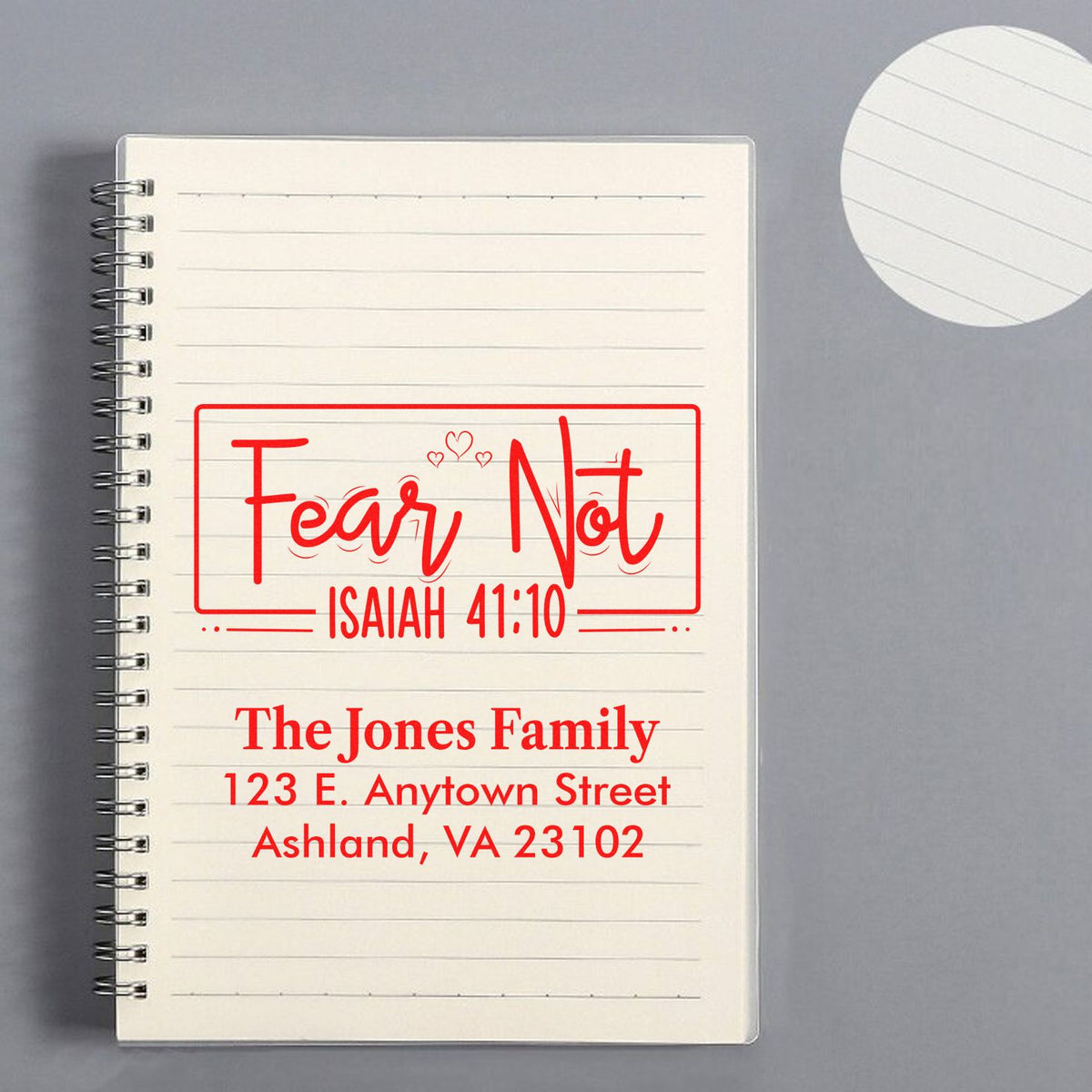 Custom Christian rubber stamp with Fear Not Isaiah 41:10 and personalized return address for faith-based stationery.