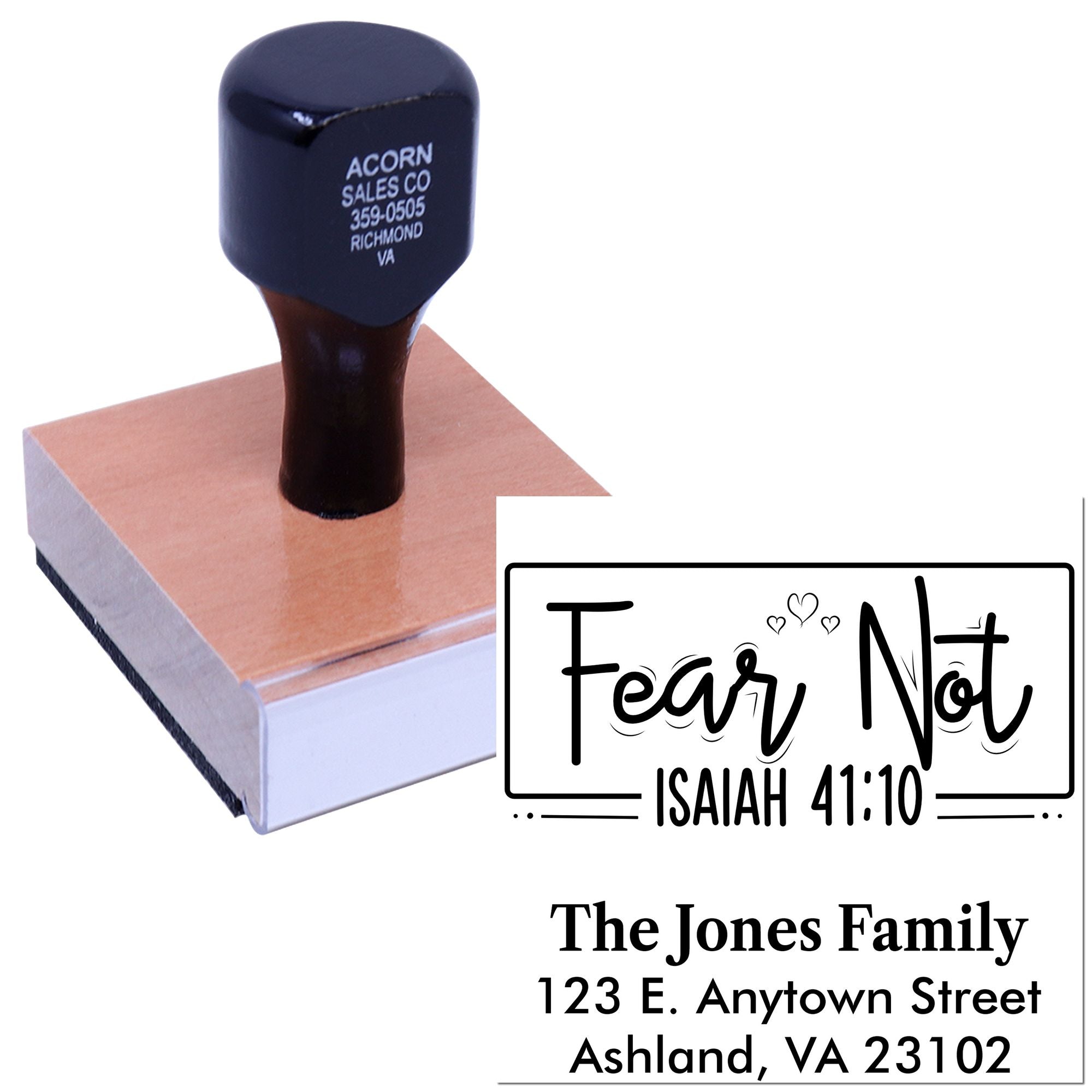 Custom Christian rubber stamp featuring Fear Not Isaiah 41:10 and personalized family return address.