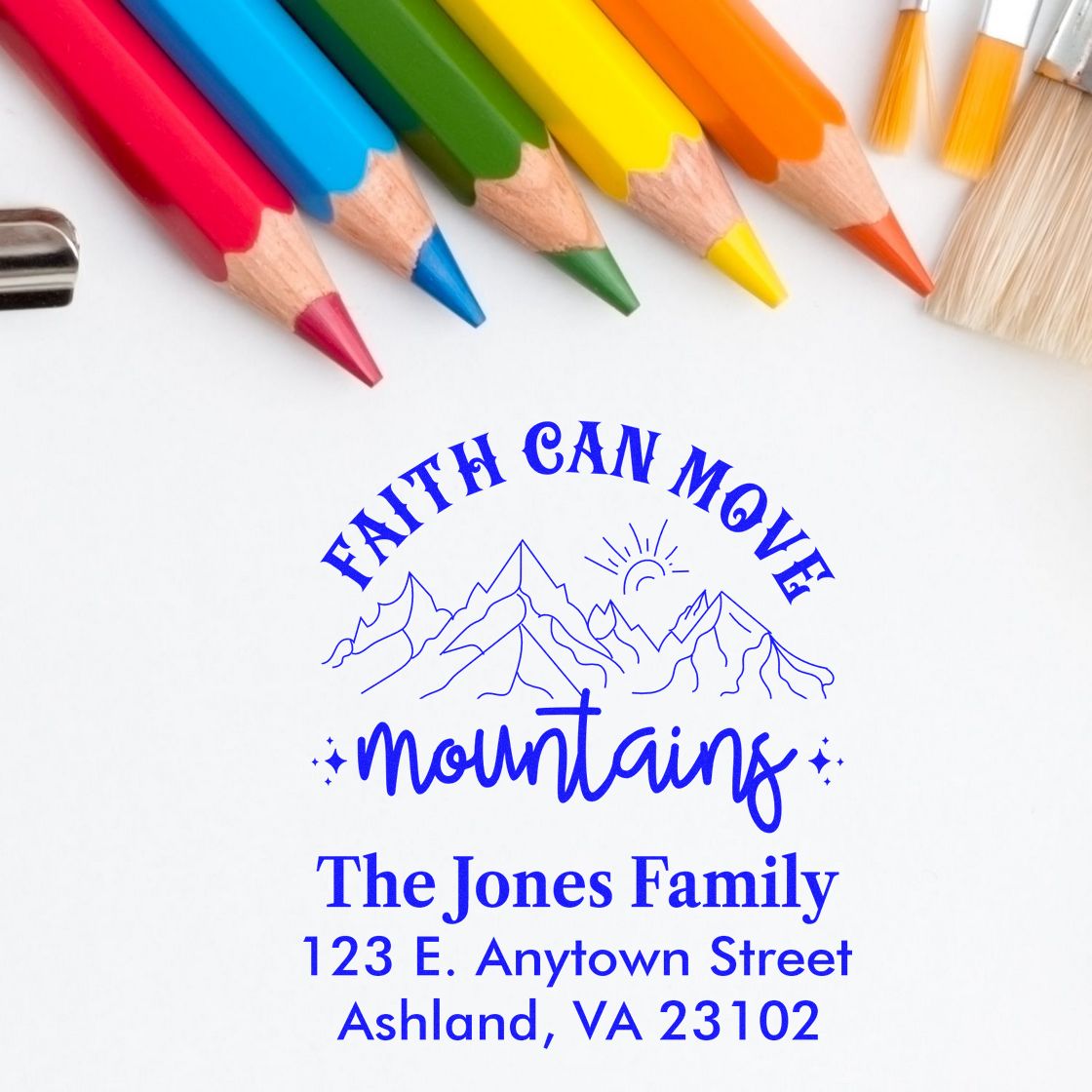 Custom family address rubber stamp design with Faith Can Move Mountains mountain artwork and personalized name and address.