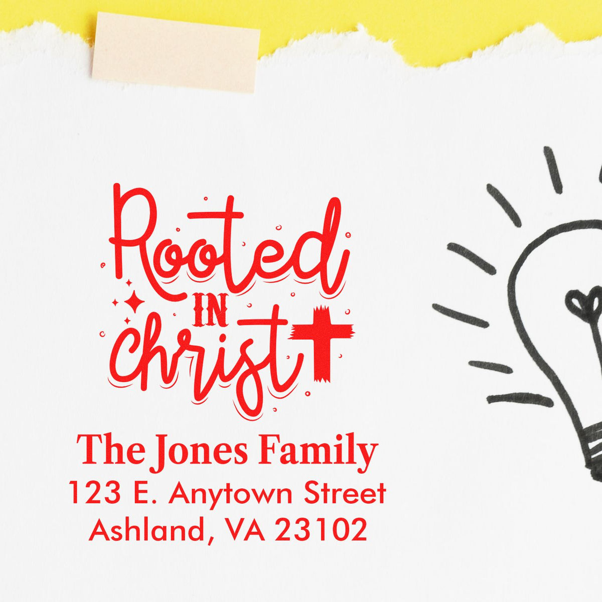 Custom Rooted in Christ family address rubber stamp with name and mailing address for Christian stationery.