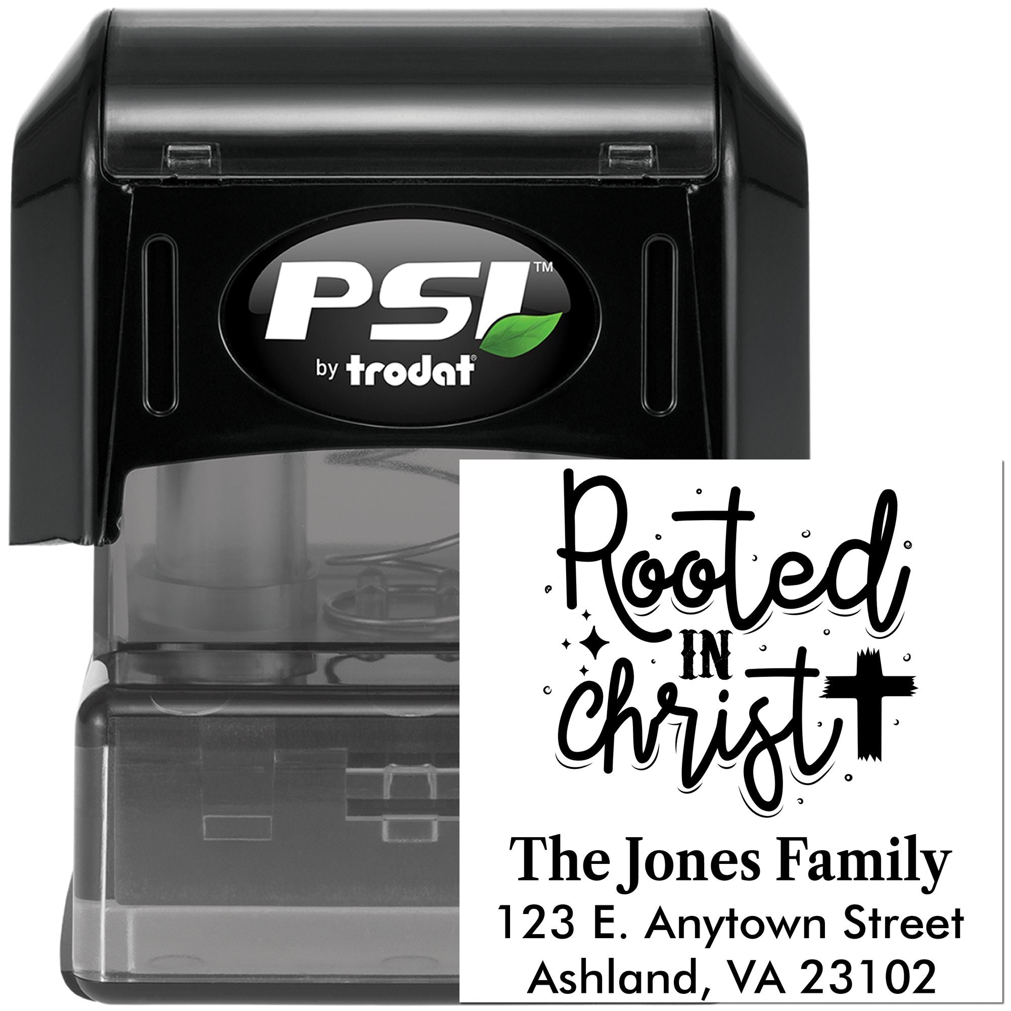 Custom self-inking rubber stamp by PSI Trodat with personalized Rooted in Christ return address design for family mail.