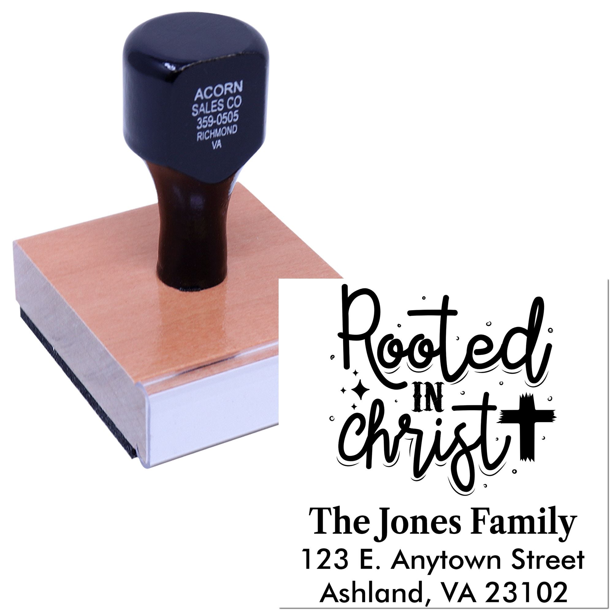 Custom self-inking Christian return address rubber stamp with Rooted in Christ design for The Jones Family