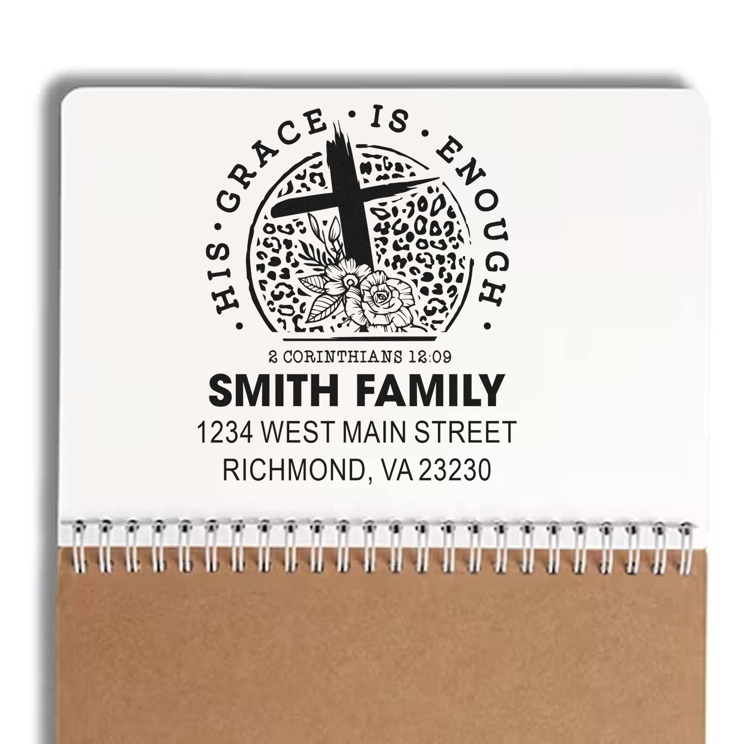 Custom Christian family address rubber stamp with cross, flowers and verse for mailing, stationery and church gifts.