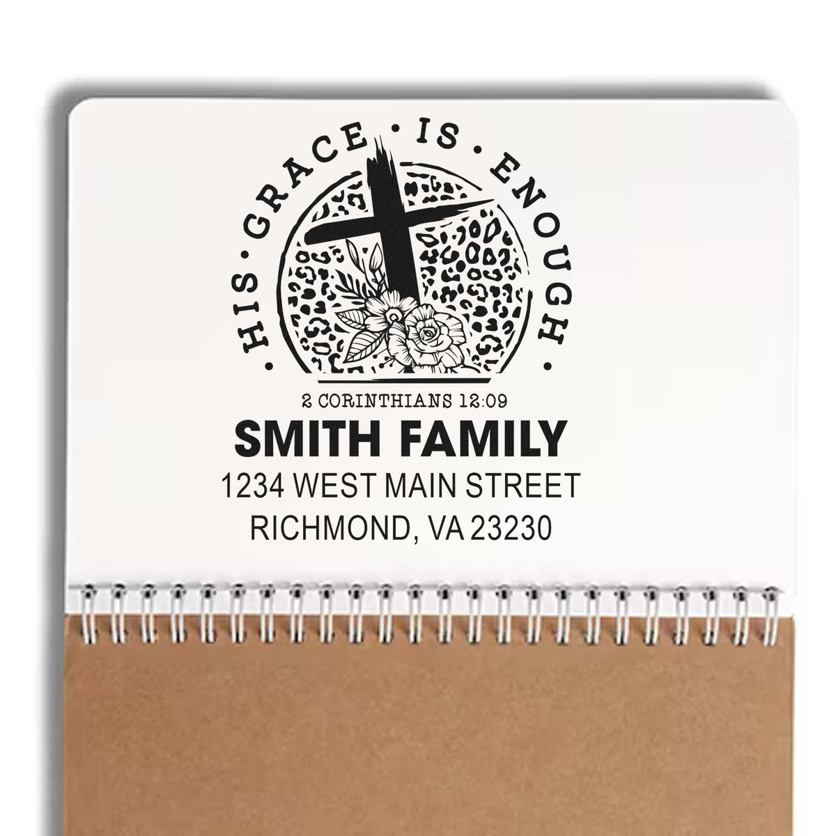 Custom Christian family return address rubber stamp with cross, floral design, and Grace Is Enough for mailing.