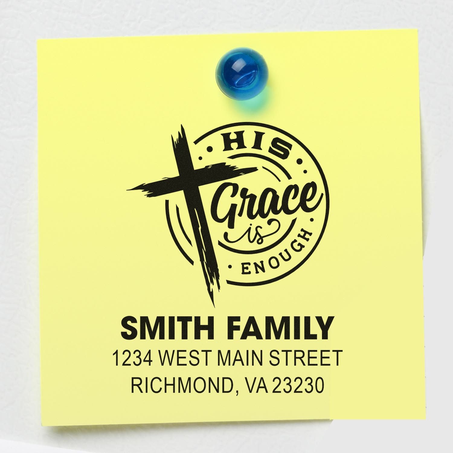 Custom return address rubber stamp with Christian His Grace Is Enough design for Smith Family in Richmond, VA.