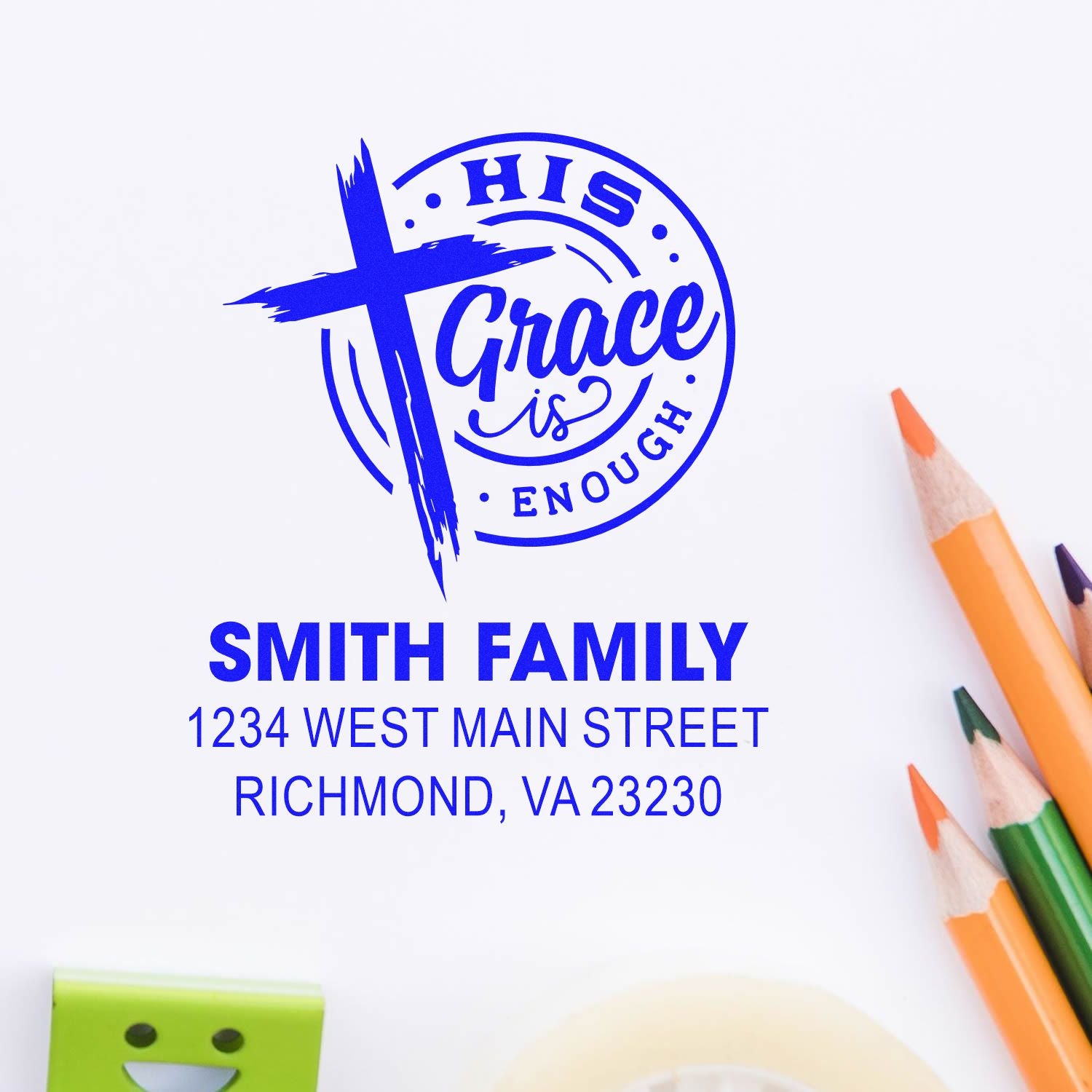 Custom Christian rubber stamp design with cross and His Grace Is Enough, plus Smith family return address in blue.