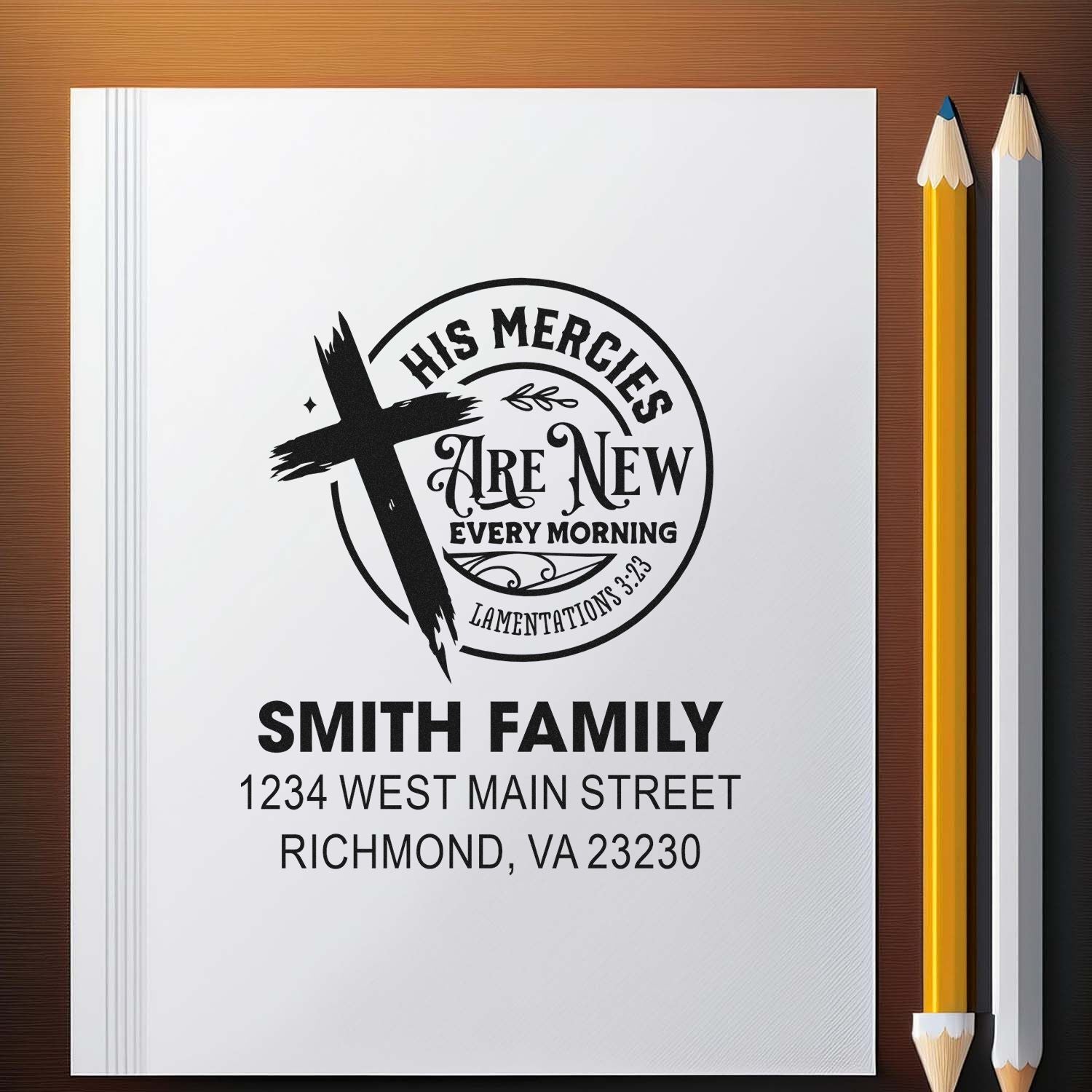 Smith Family custom Christian address rubber stamp with cross and Bible verse for personalized mailings.