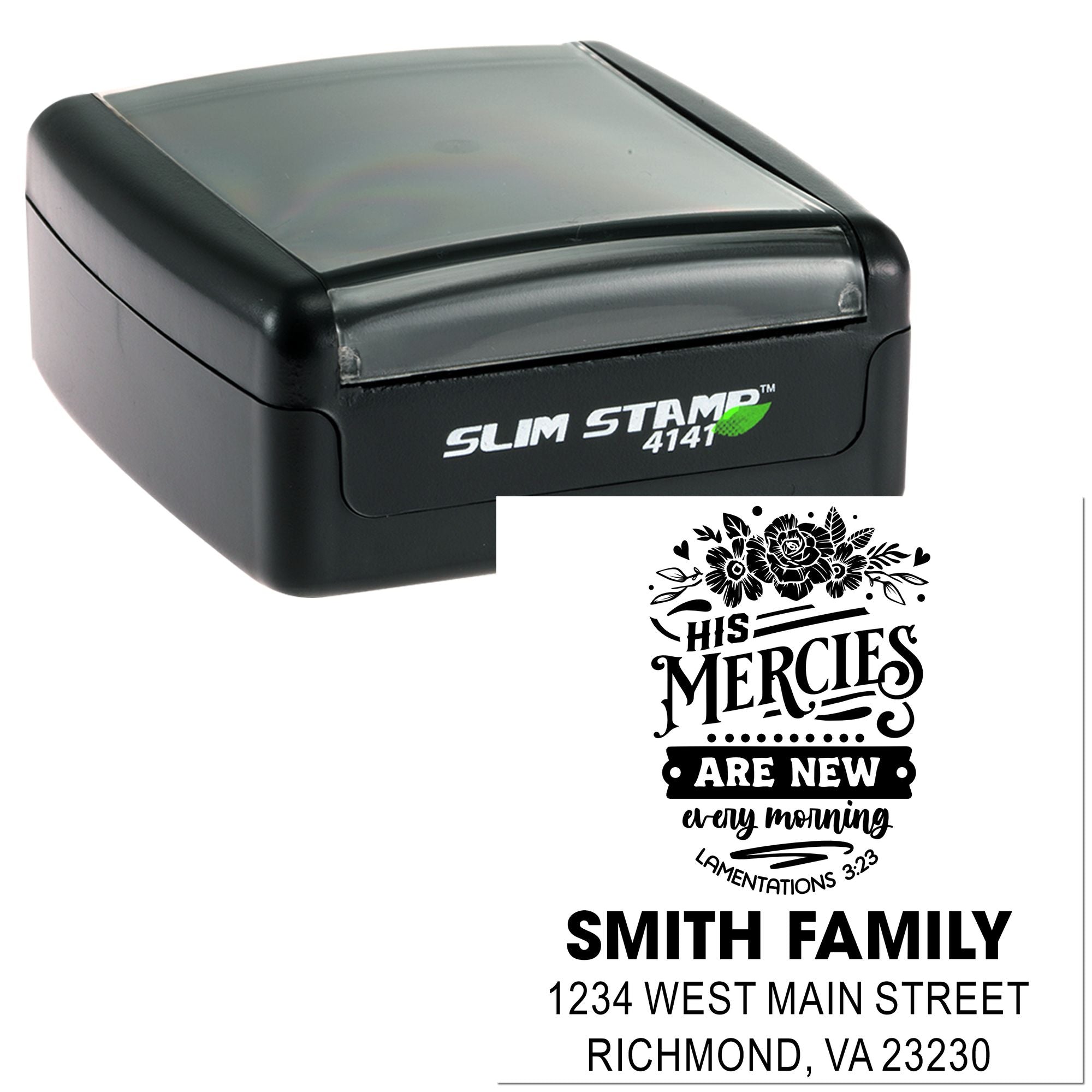 Slim self-inking rubber stamp with custom family address design and Bible verse imprint for personalized mailing and craft projects.