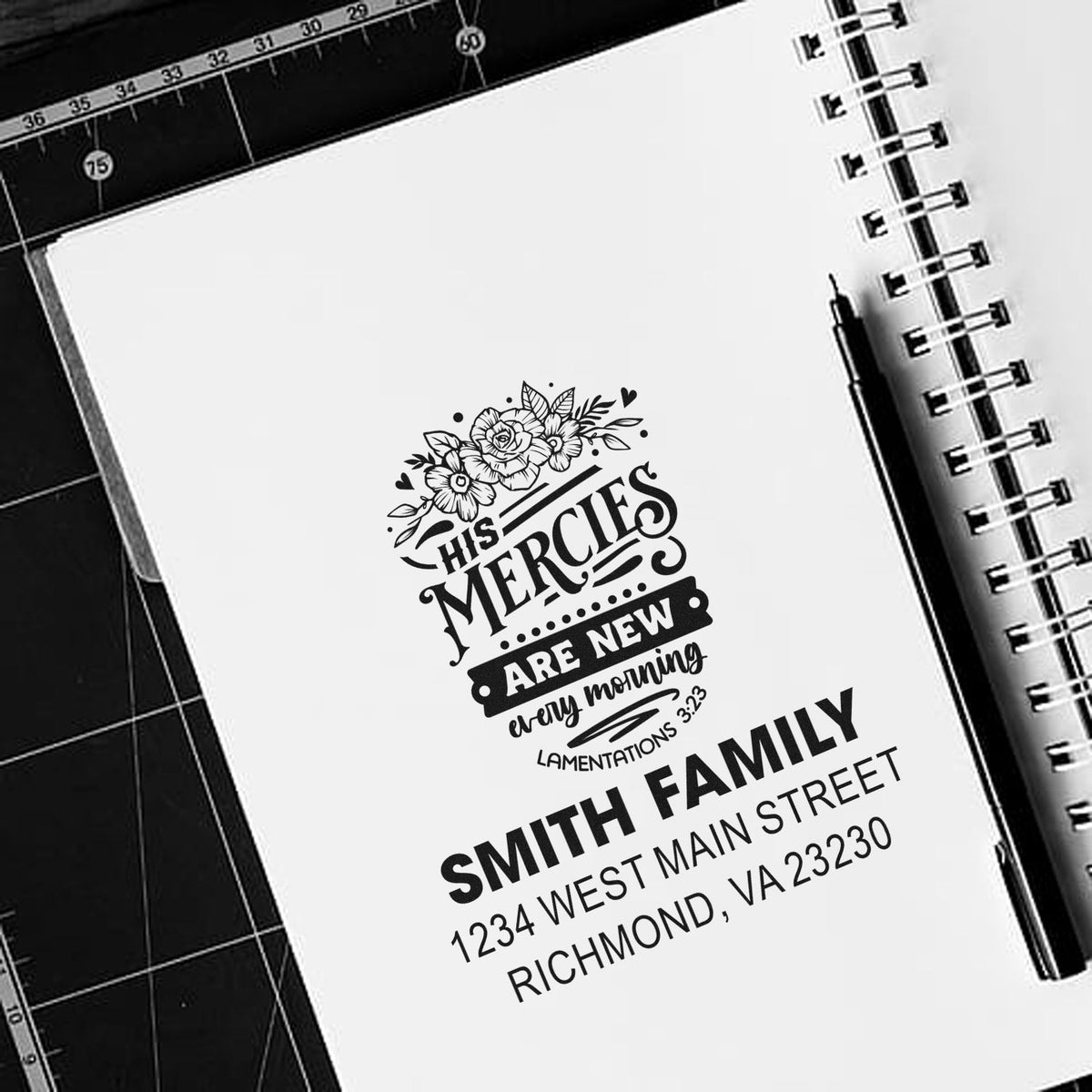 Custom rubber stamp with Christian quote and Smith Family return address for envelopes, featuring His mercies are new every morning.