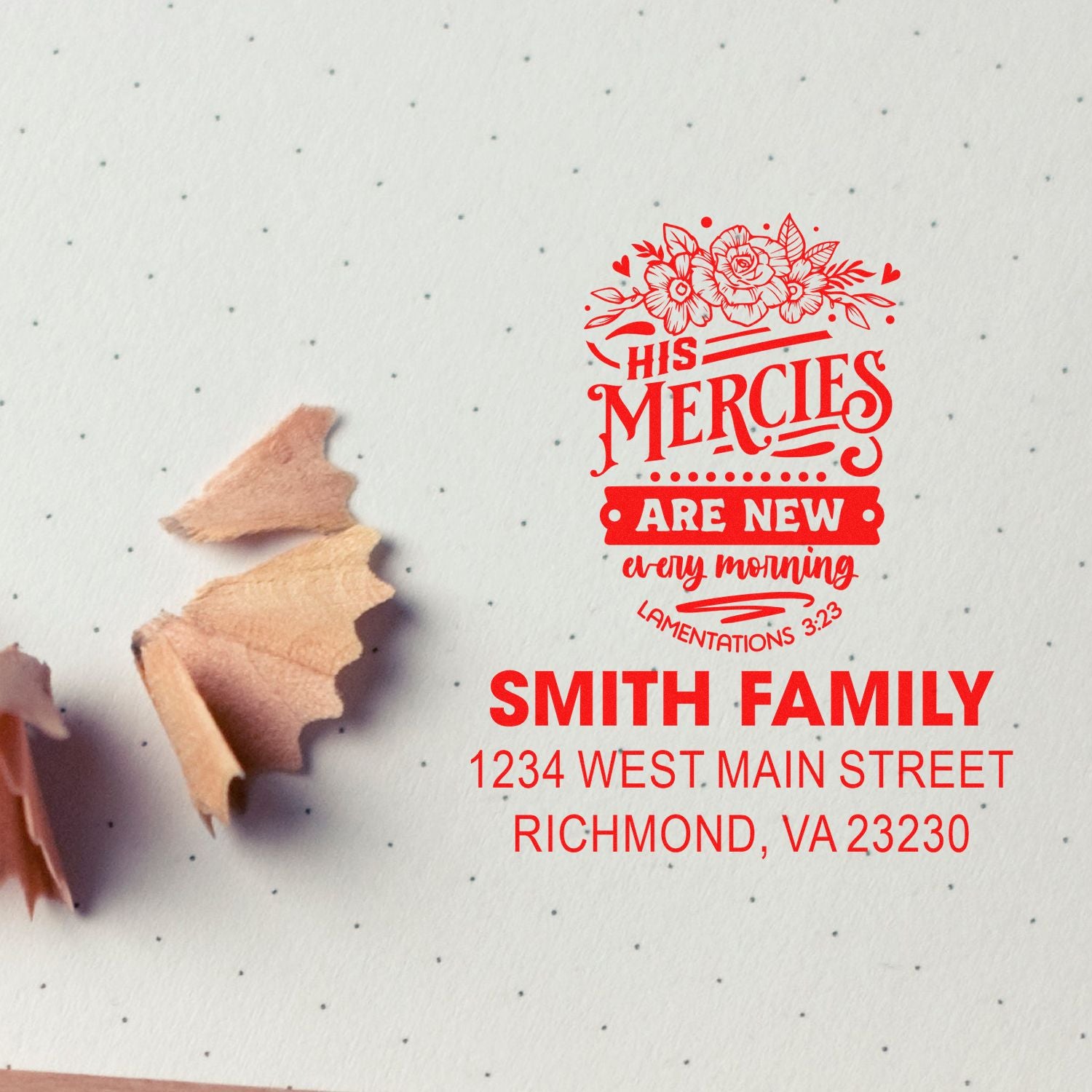 Personalized Christian rubber stamp with floral His mercies are new every morning design and Smith Family address in Richmond, VA.