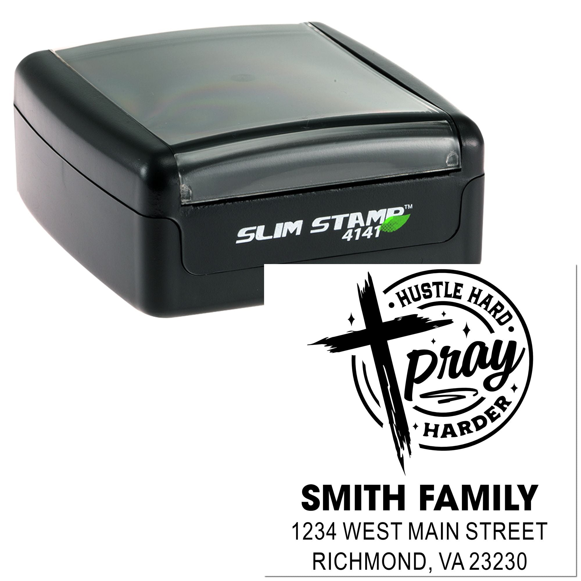 Custom self-inking rubber address stamp with Hustle Hard Pray Harder design for Smith Family, Richmond, VA.