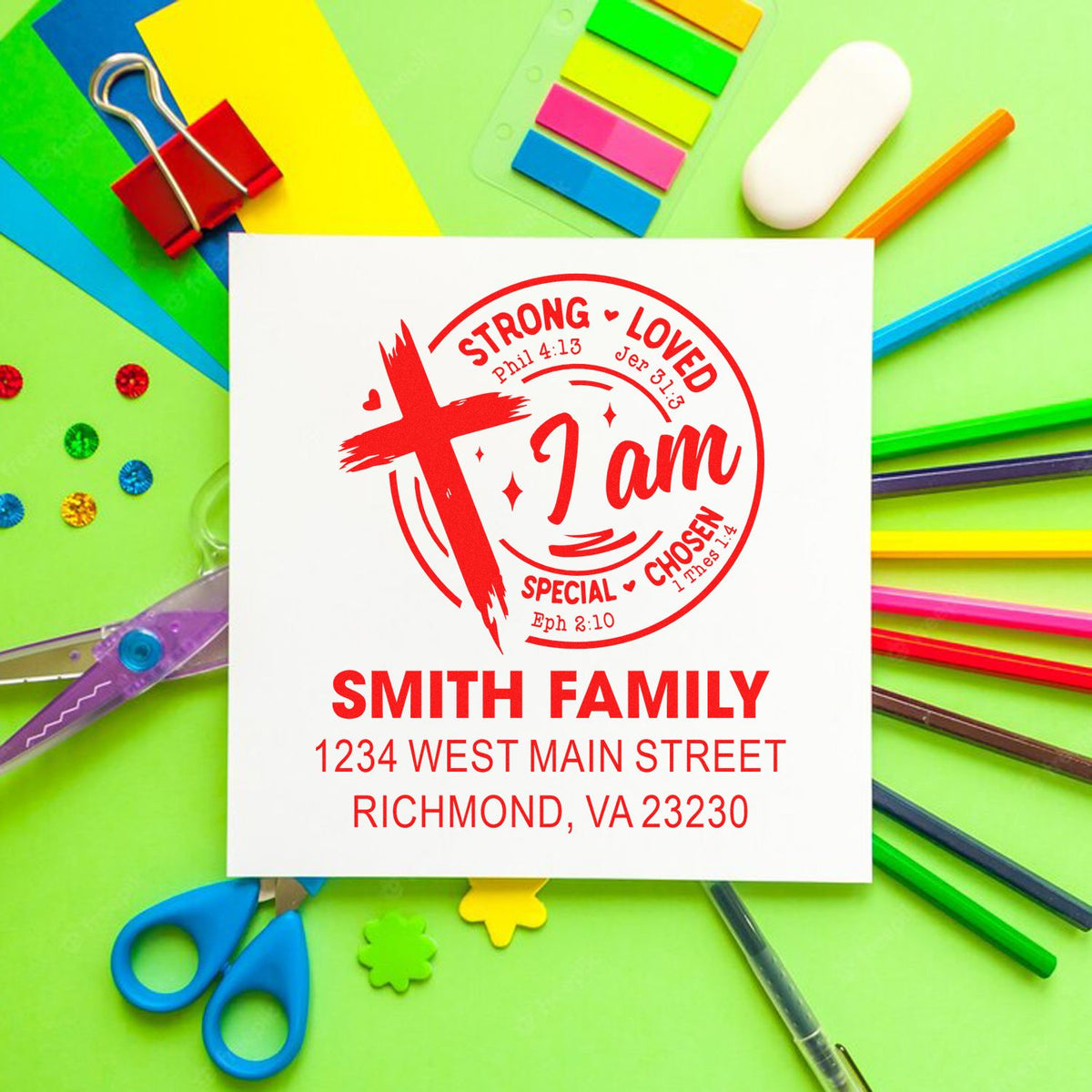 Personalized Christian rubber address stamp with cross design, Bible verses, and Smith Family name for mailings.