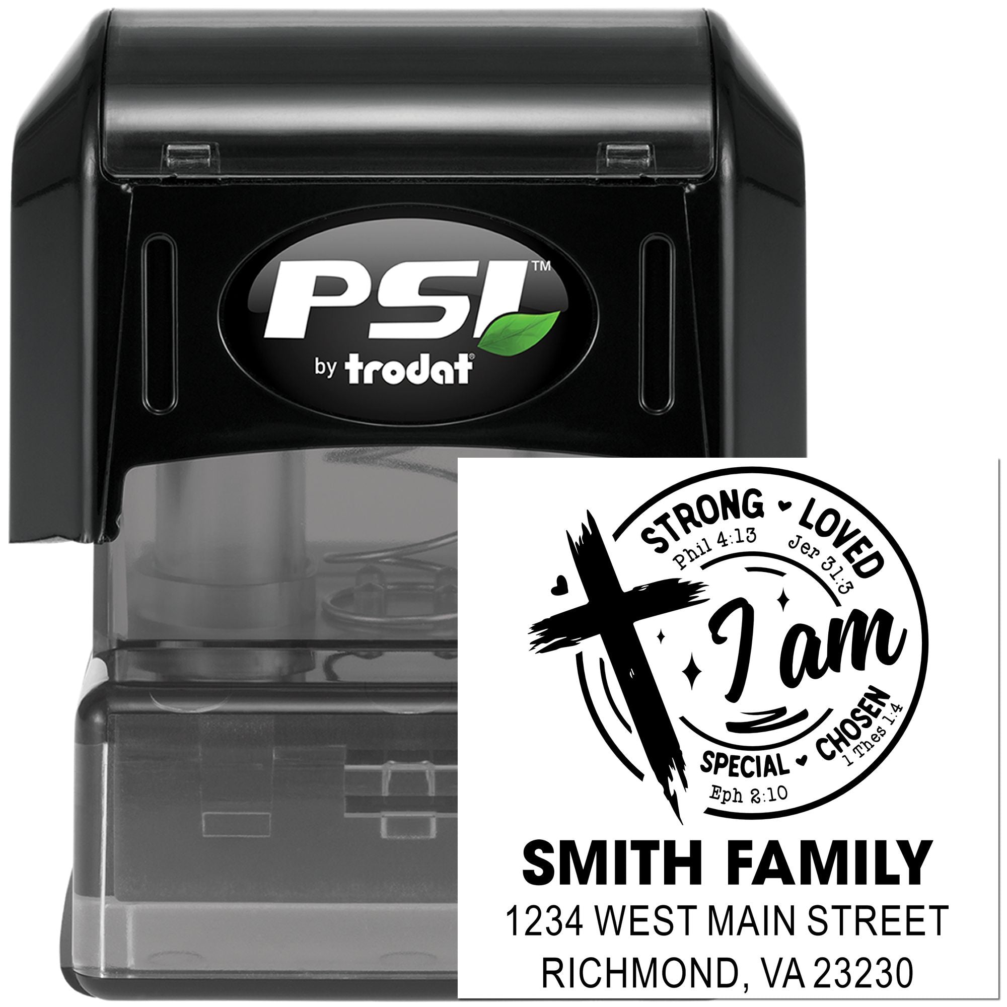 PSI by Trodat self-inking personalized family address rubber stamp with Christian I Am design