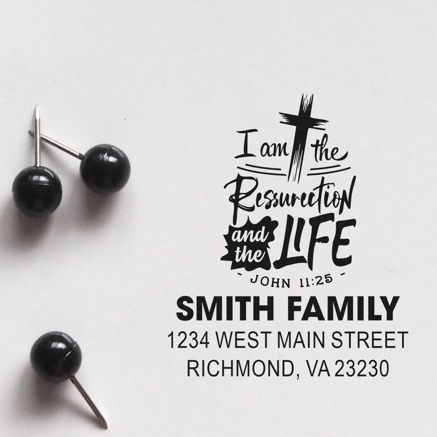 Custom religious rubber stamp with John 11:25, Smith family name, and address for personalized envelopes.