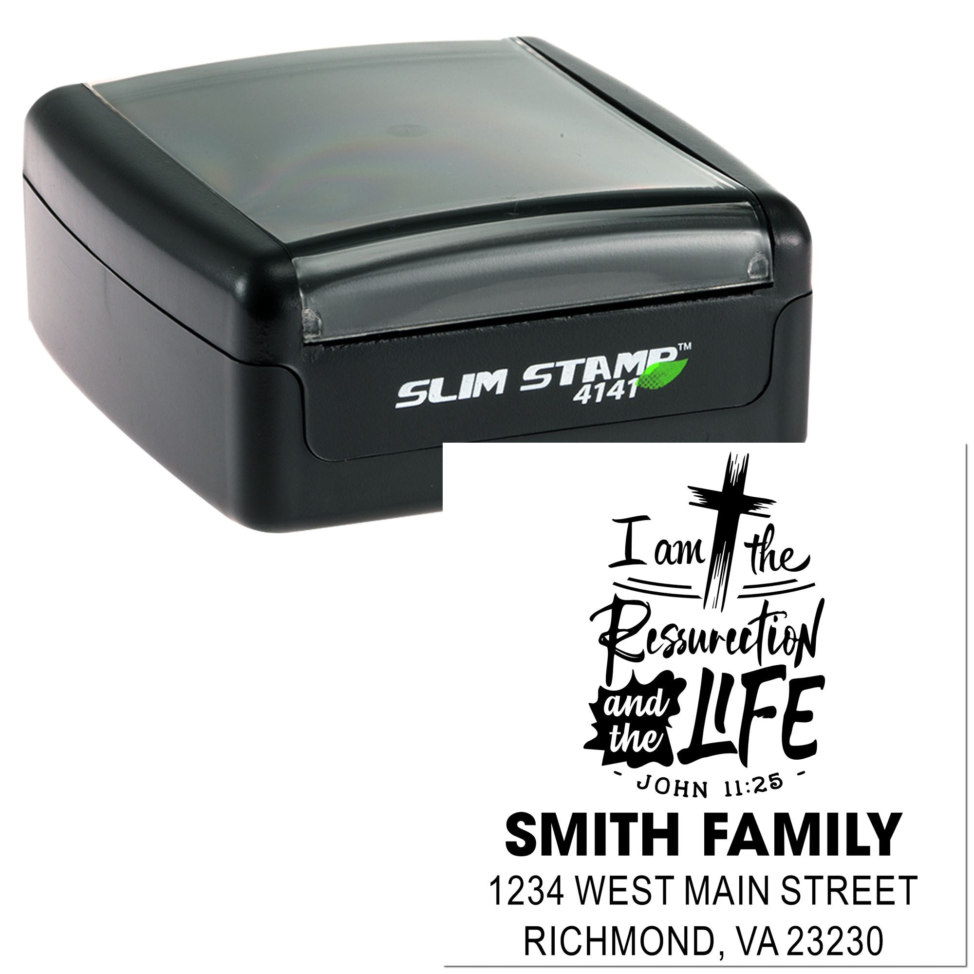 Personalized Christian return address rubber stamp, self-inking Slim Stamp 4141, Smith Family, Richmond, VA.
