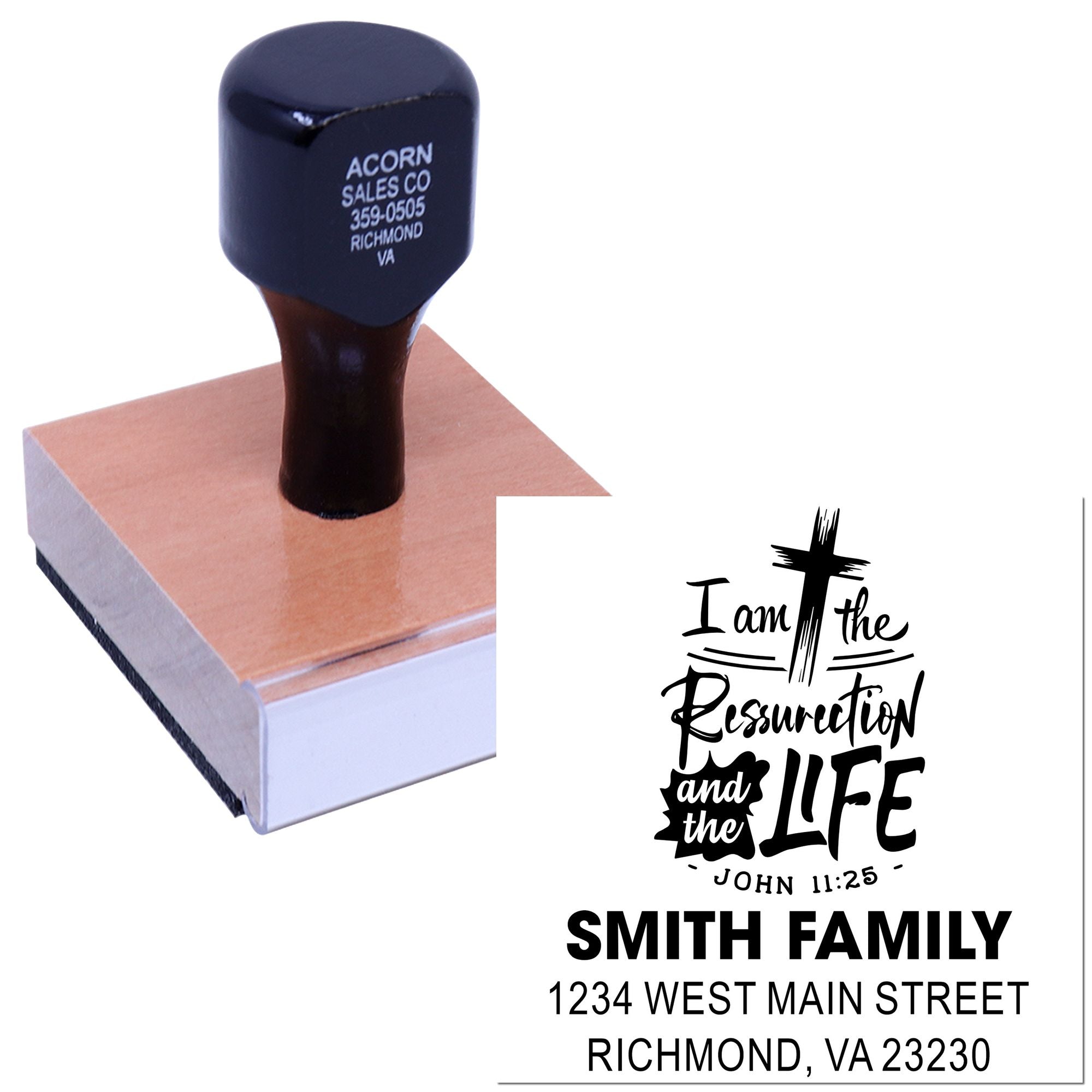 Custom Christian return address rubber stamp with John 11:25 and Smith Family, Richmond VA