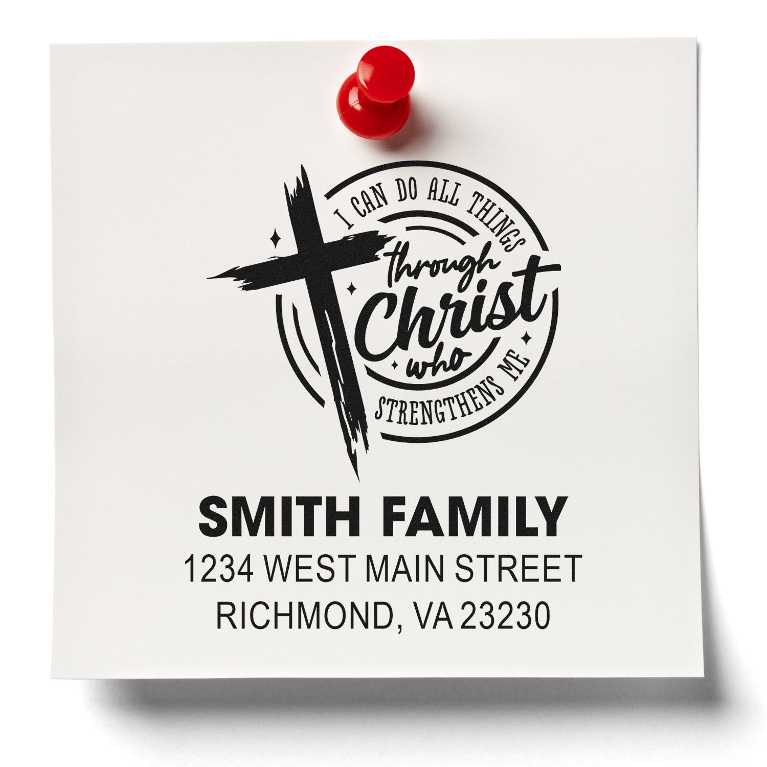 Personalized Christian return address rubber stamp with cross, Bible verse, and Smith Family address in Richmond, VA.