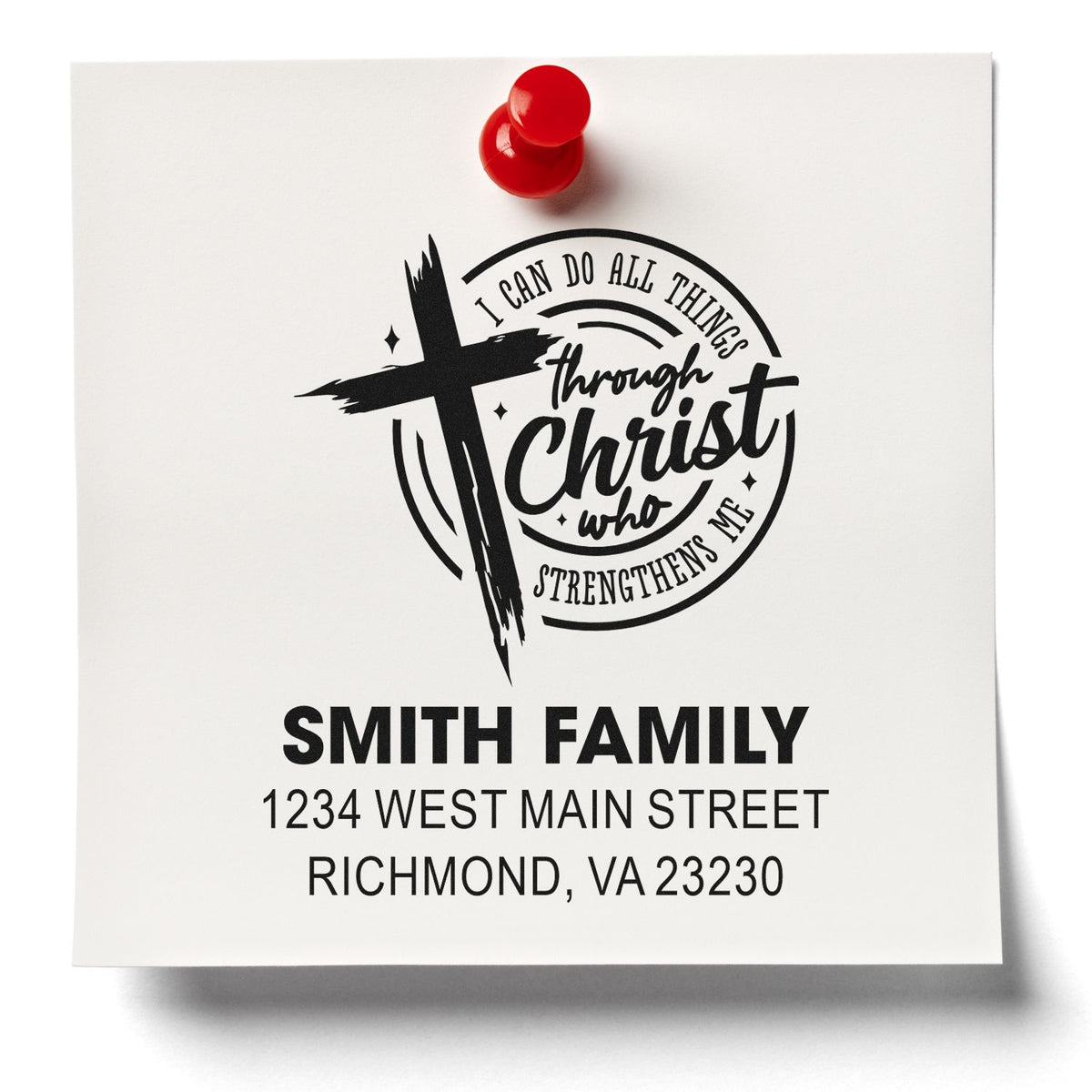Personalized Christian return address rubber stamp for Smith family, featuring cross design and Richmond, VA address.
