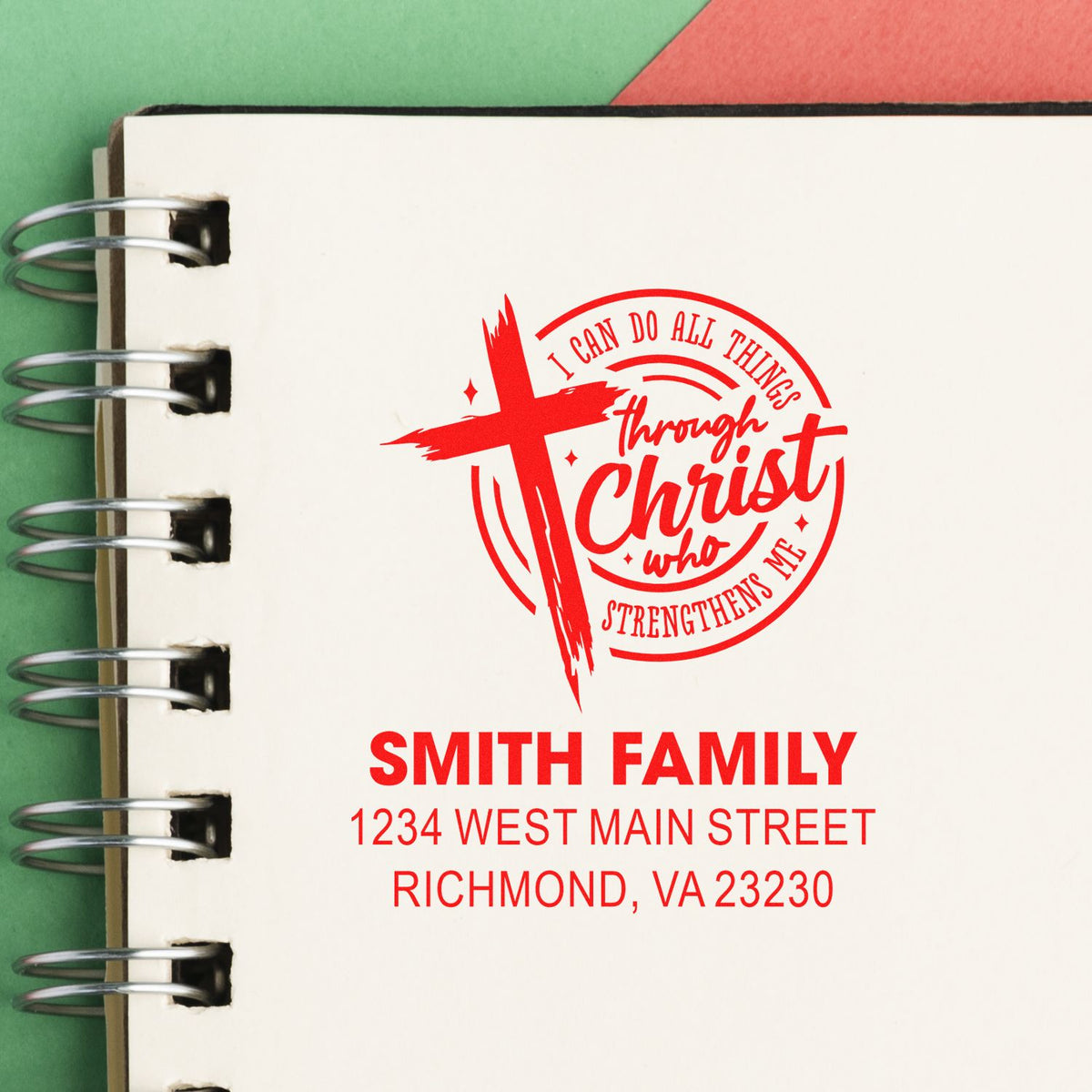 Custom Christian rubber stamp with Bible verse, Smith family name, and return address for personalized stationery.