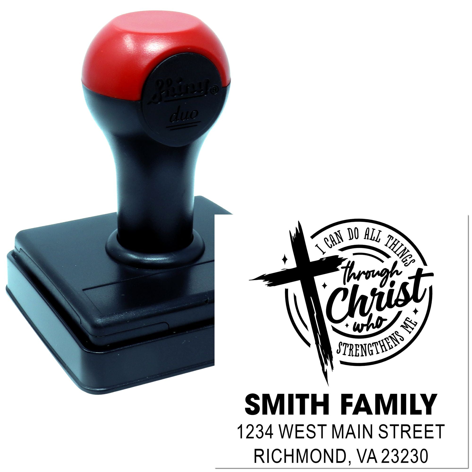 Custom Christian return address rubber stamp with family name and I Can Do All Things Through Christ design.