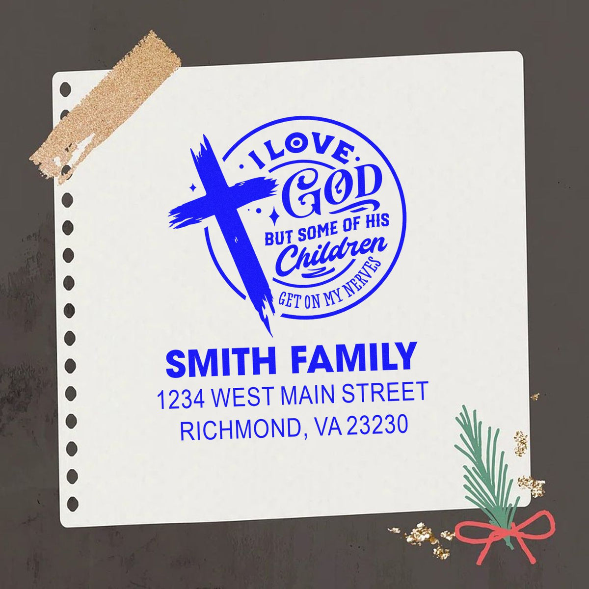 Custom Christian return address rubber stamp with cross design, Bible verse, Smith family name and address.