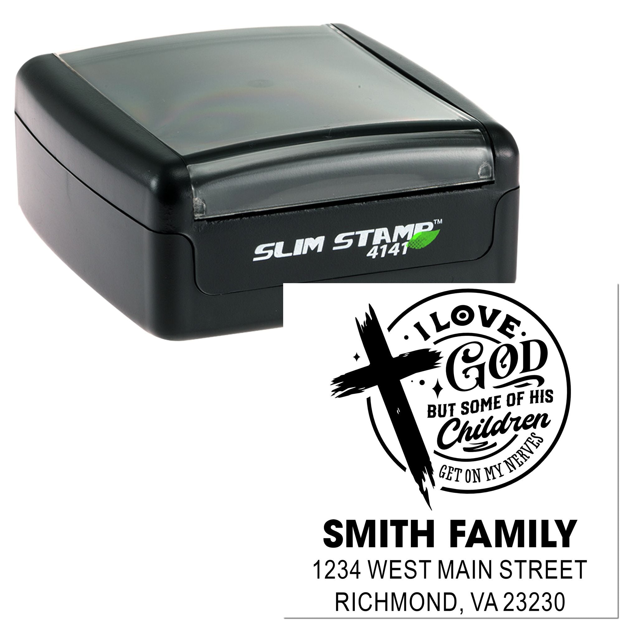 Custom self-inking rubber stamp with Christian family return address design and Slim Stamp 4141 case.