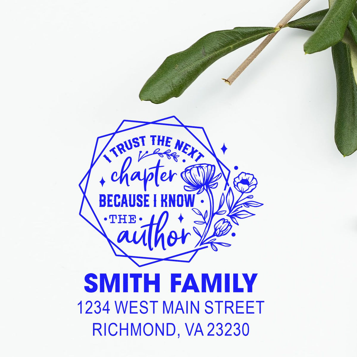 Personalized family return address rubber stamp with literary quote, Smith Family name, and Richmond, VA address.
