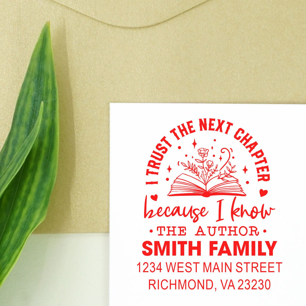 Custom rubber stamp design with book quote, Smith Family name, and return address for personalized book lover stationery