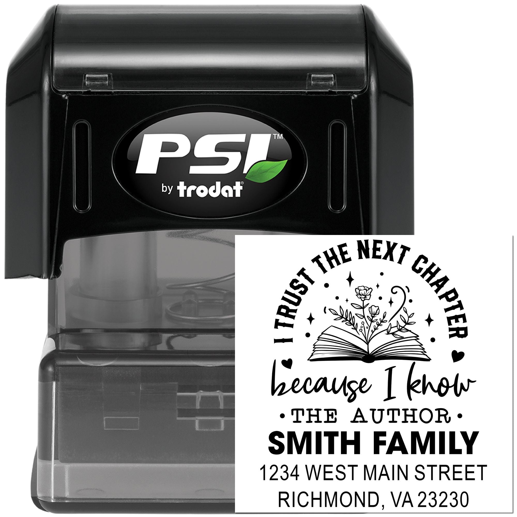 Custom self-inking rubber address stamp for books, mail, and family branding with personalized quote, name, and return address.